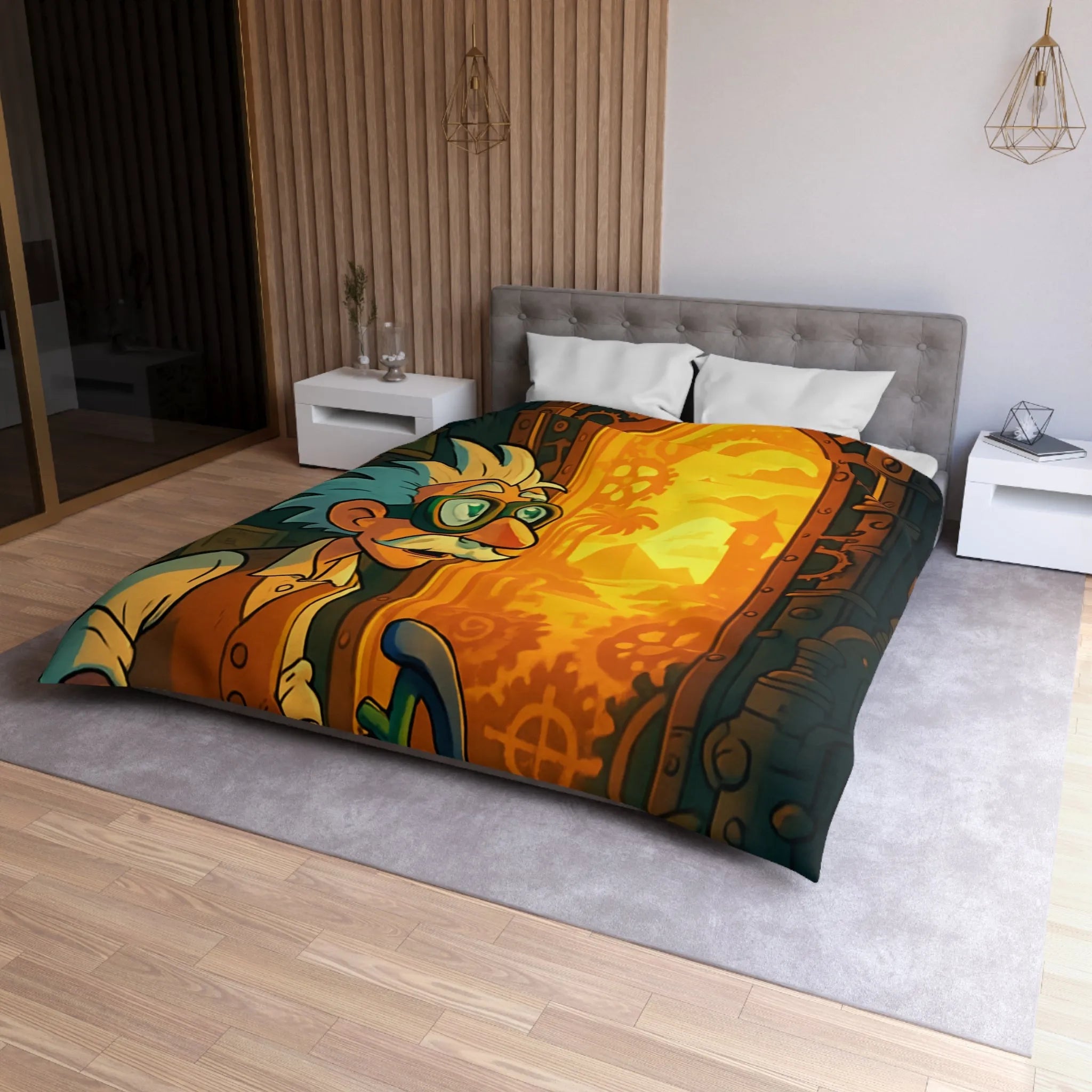 Housse de couette avec professeur inventeur et porte mystérieuse aux teintes orangées