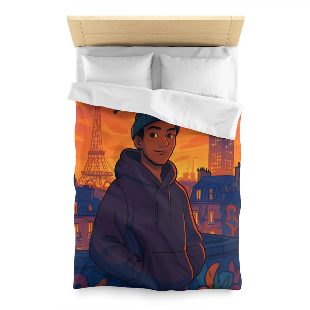 Housse de couette colorée avec ville, tour emblématique et vol de pigeons au crépuscule
