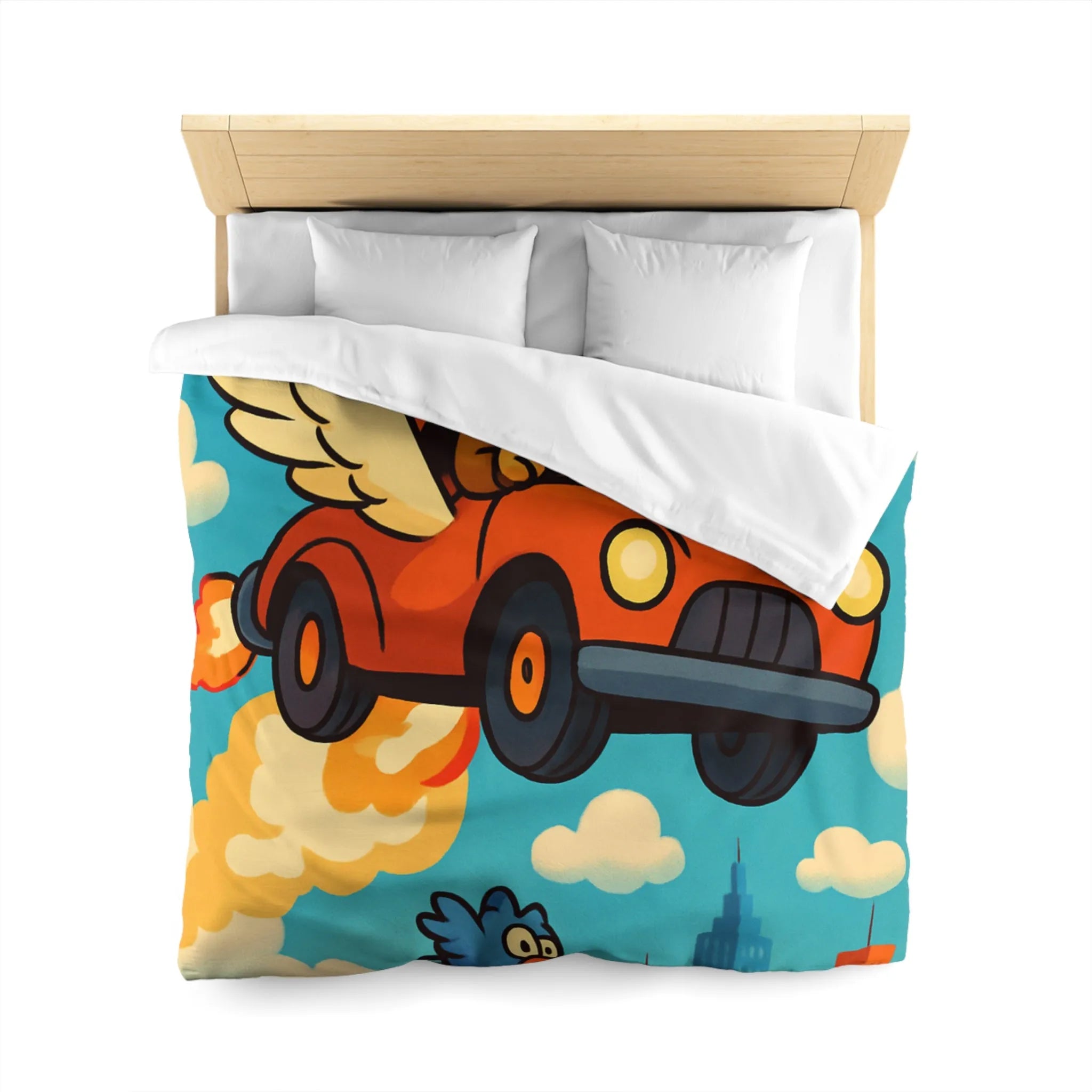 Housse de couette colorée avec chien volant dans voiture ailée au-dessus de ville cartoon