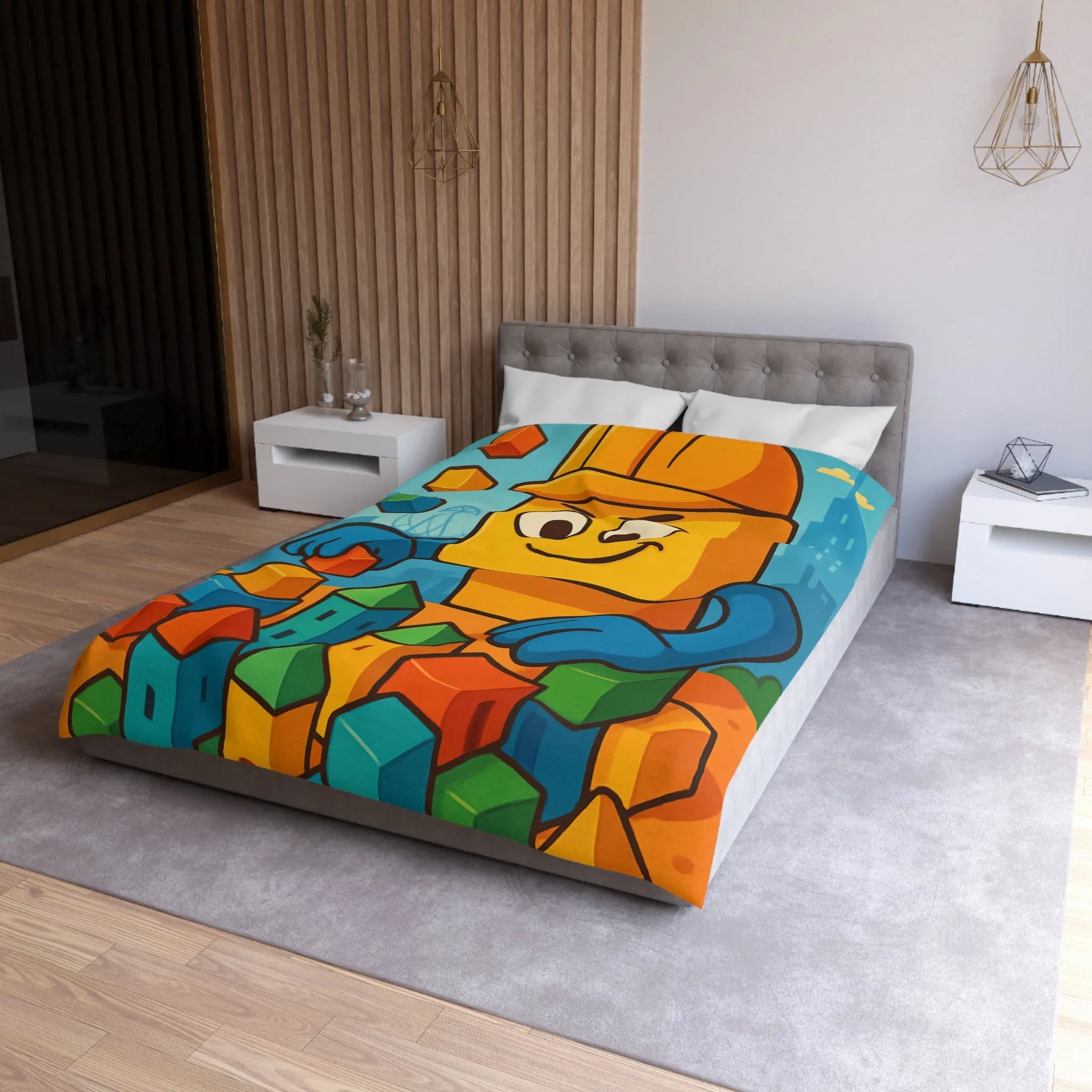 Housse de couette colorée avec motif de construction pour chambre d'enfant joyeuse