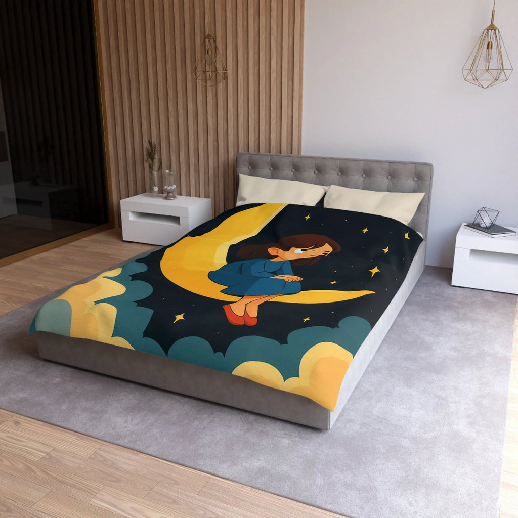 Housse de couette avec lune jaune, ciel étoilé et fille pensive en bleu