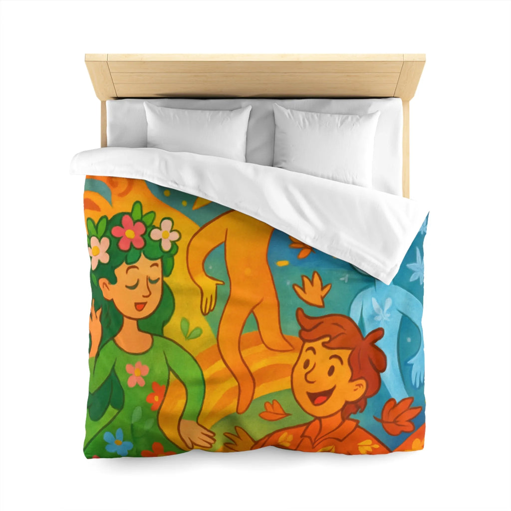 Housse de couette éclatante illustrant les quatre saisons dans un design ludique et coloré