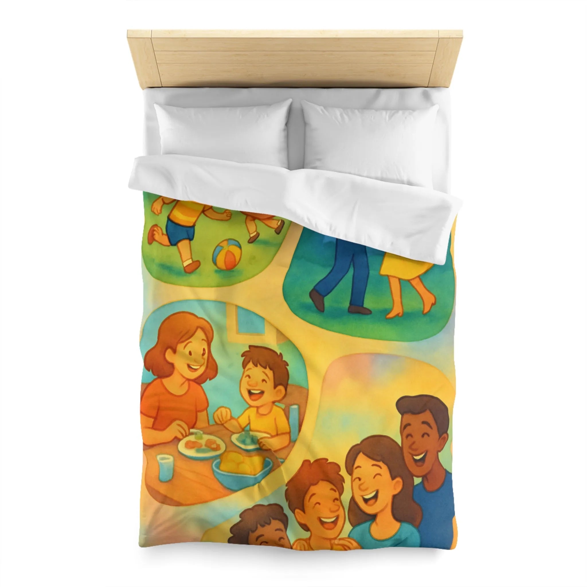 Housse de couette colorée illustrant des scènes joyeuses de la vie quotidienne familiale