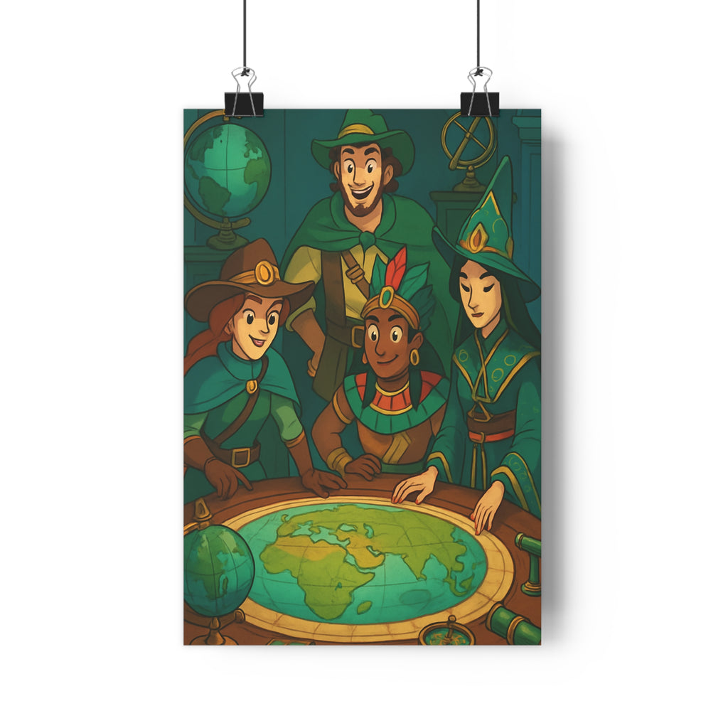Poster décoratif aventure bleu vert cartoon explorateurs chambre enfant bureau découverte mystique 30x46 cm