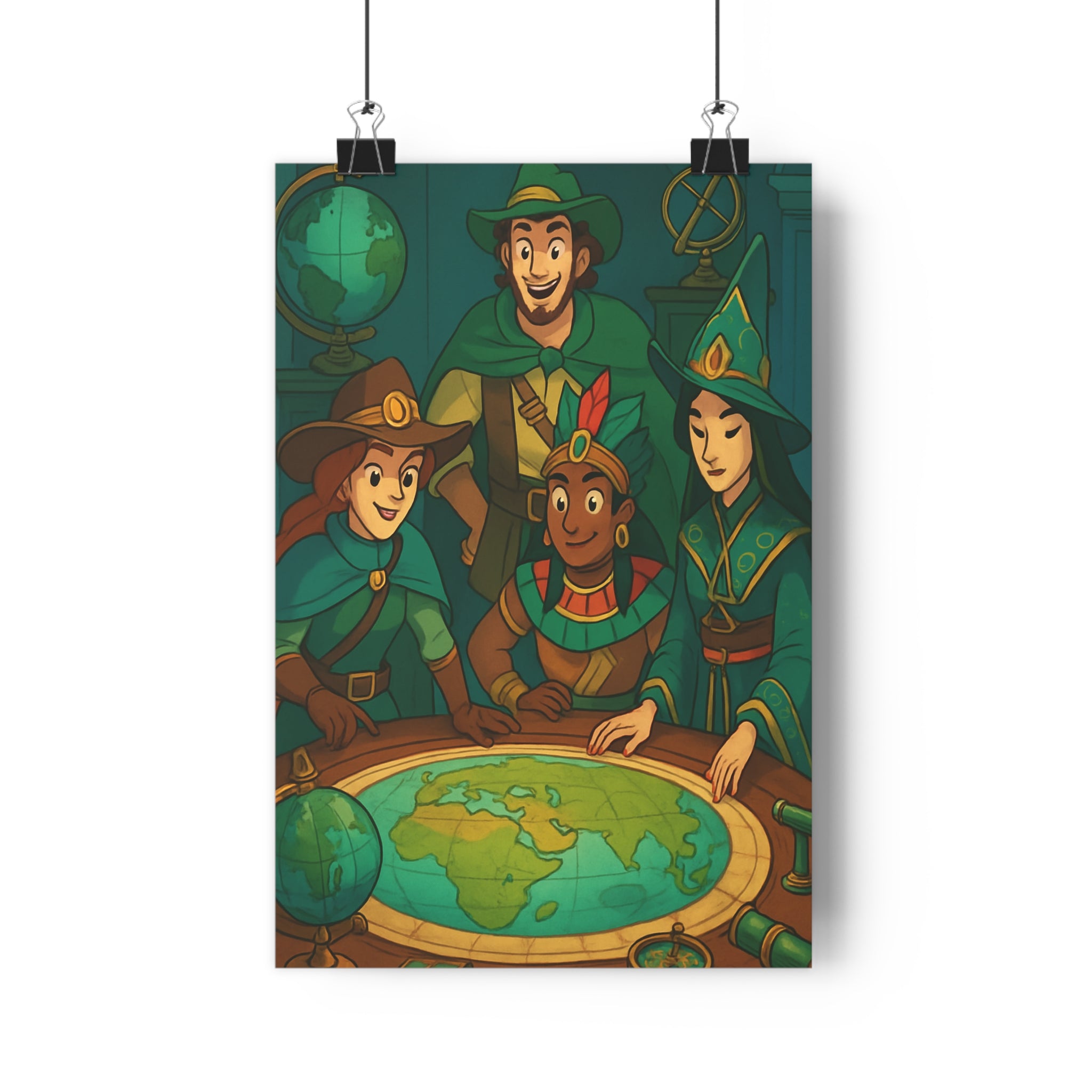 Poster décoratif aventure bleu vert cartoon explorateurs chambre enfant bureau découverte mystique 30x46 cm