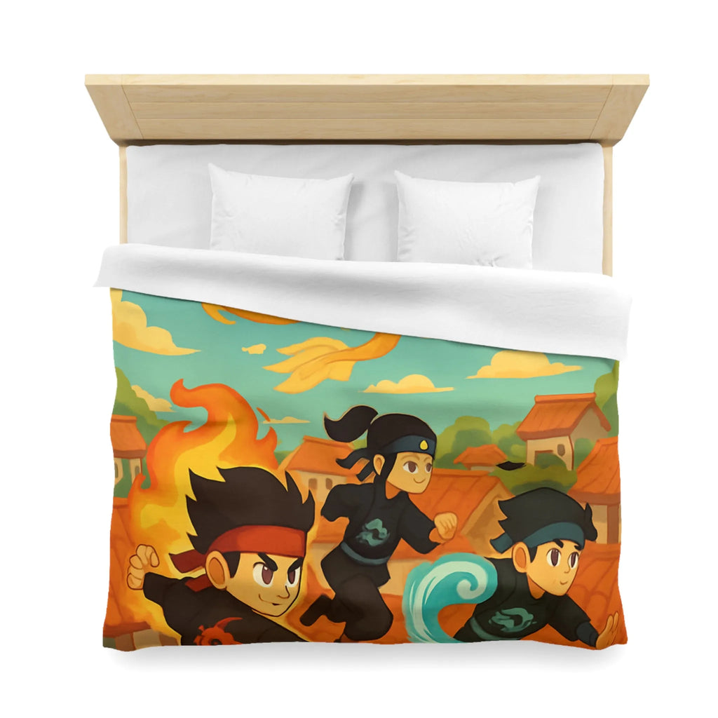 Housse de couette avec ninjas sautant et dragon doré dans un ciel ensoleillé