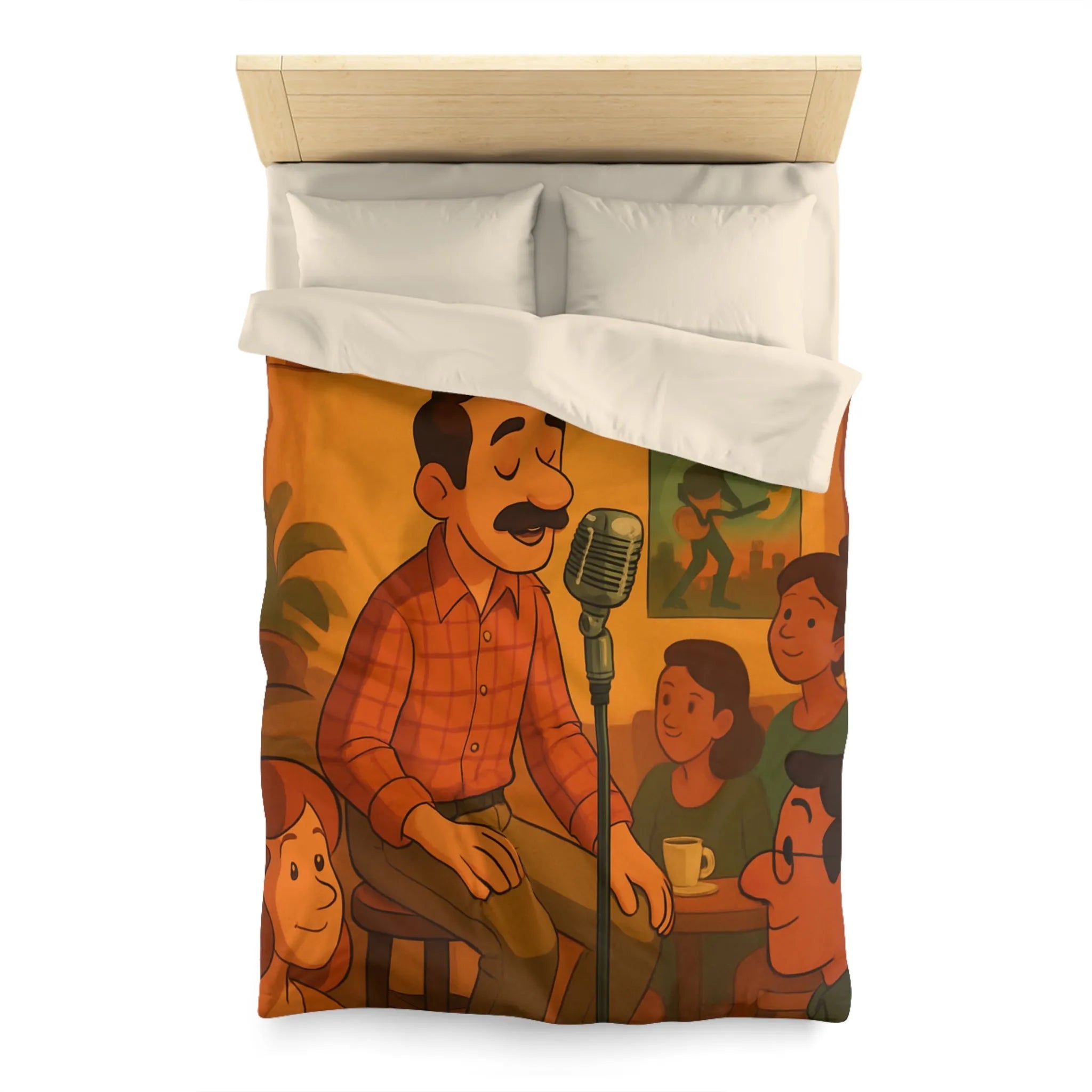 Housse de couette au design rétro avec scène musicale chaleureuse pour ambiance vintage