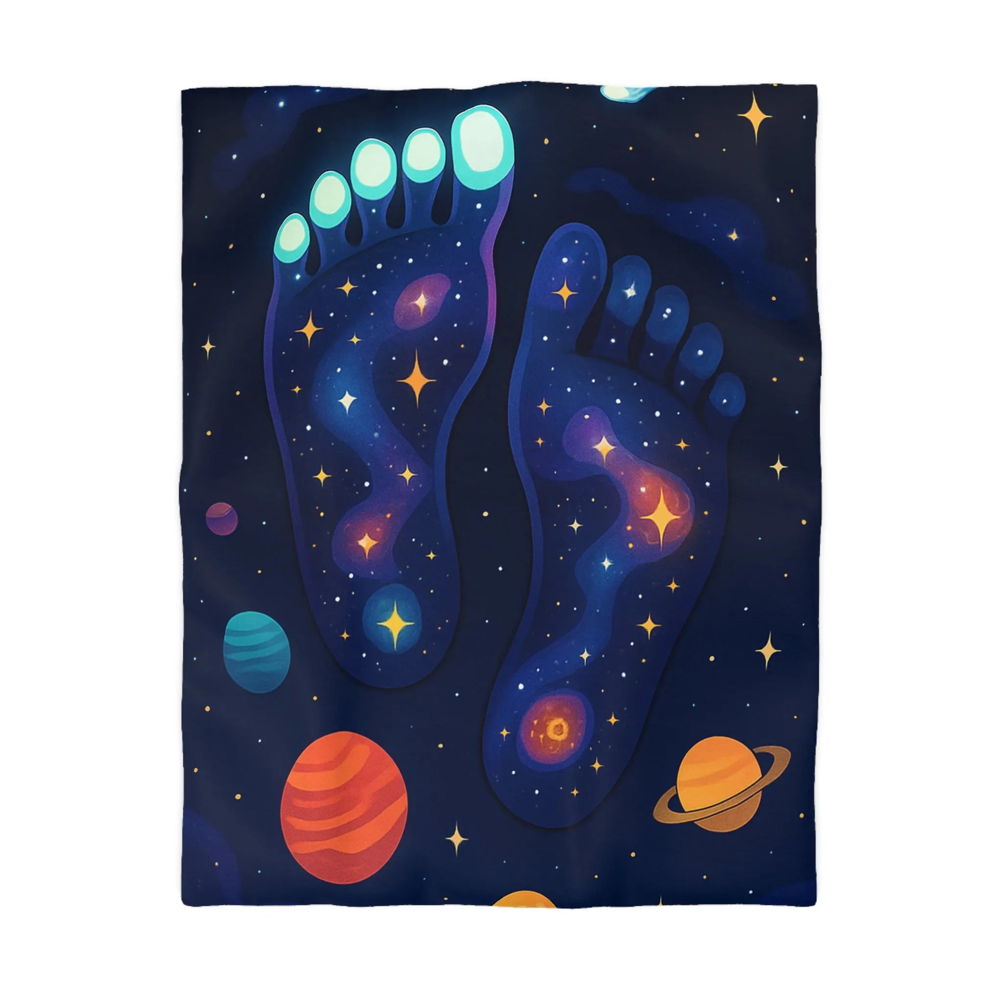 Housse de Couette Cosmos Enchanté avec Motifs de Pieds Galactiques Étincelants et Planètes