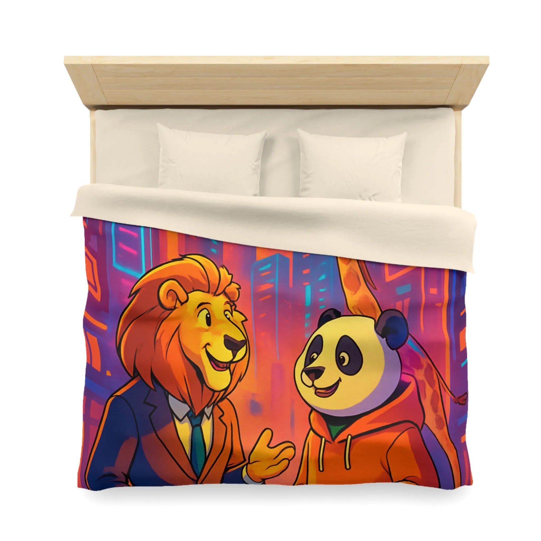 Housse de couette colorée avec lion et panda en costume urbain de ville futuriste