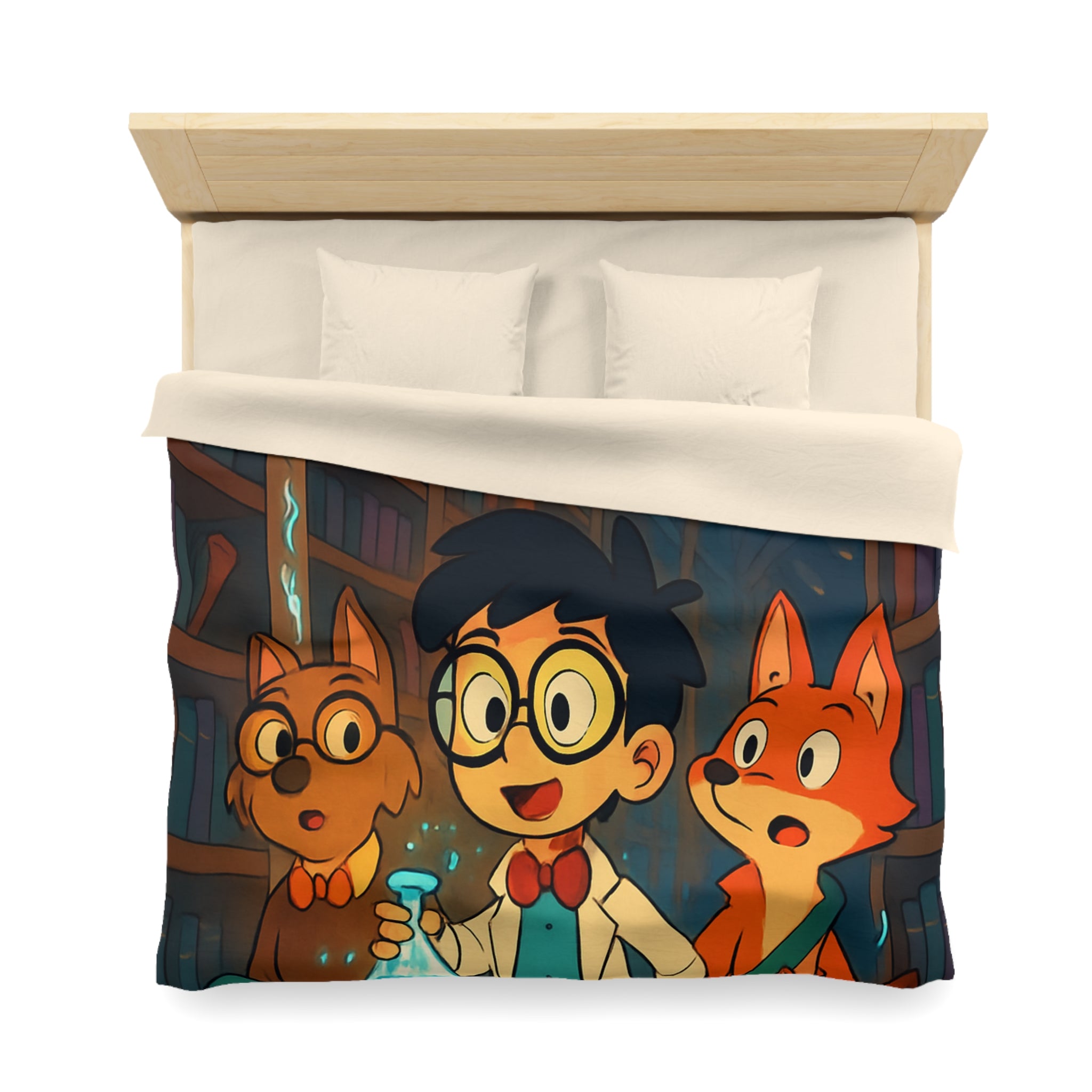 Housse de couette pour enfants avec dessin animé de bibliothèque magique et animaux curieux