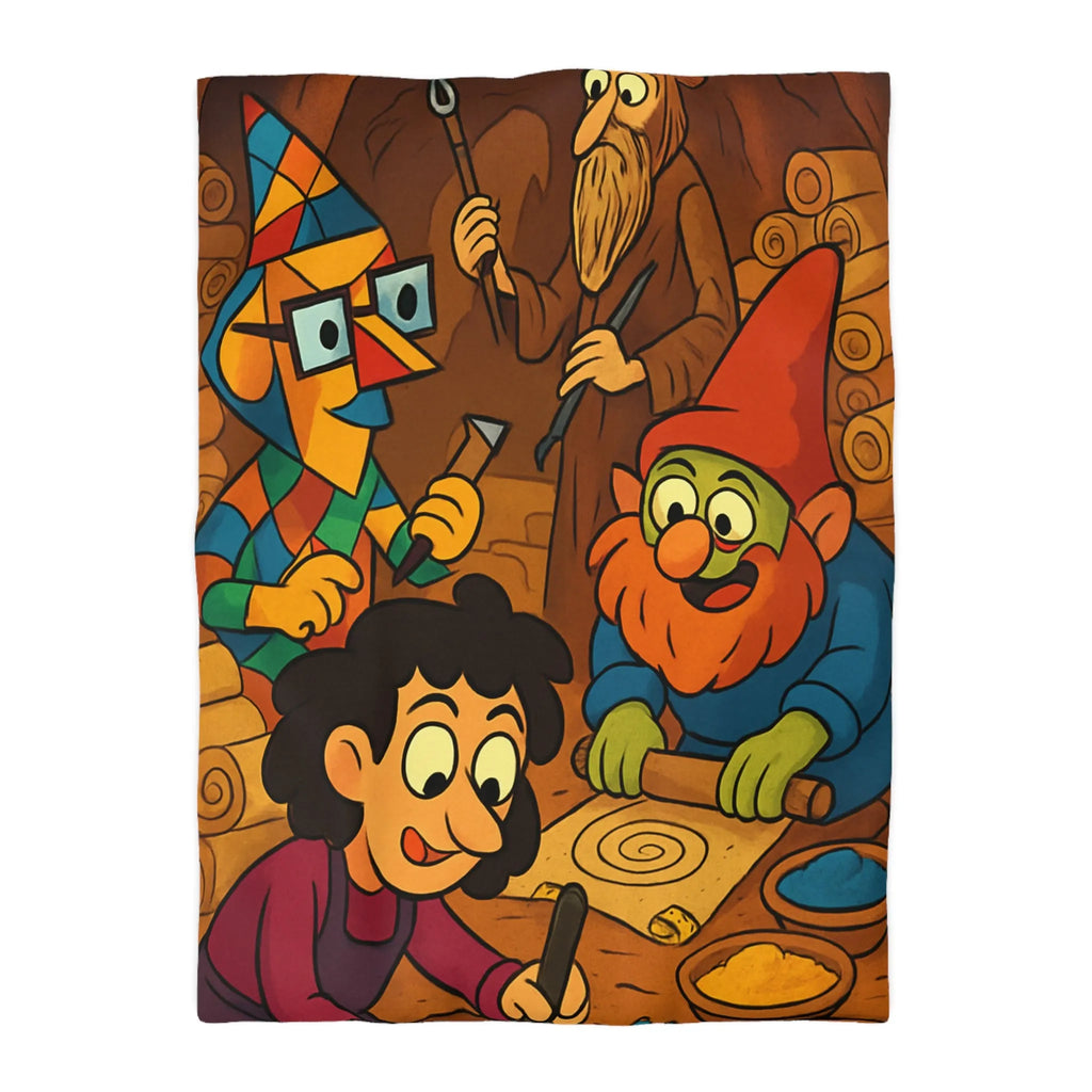 Housse de couette illustrée ambiance atelier fantasy avec gnomes et textures chaleureuses colorées