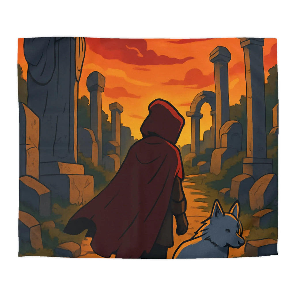 Housse de Couette Enfant Rouge et Blanc, Chemin Énigmatique du Crépuscule, Statue Mystérieuse