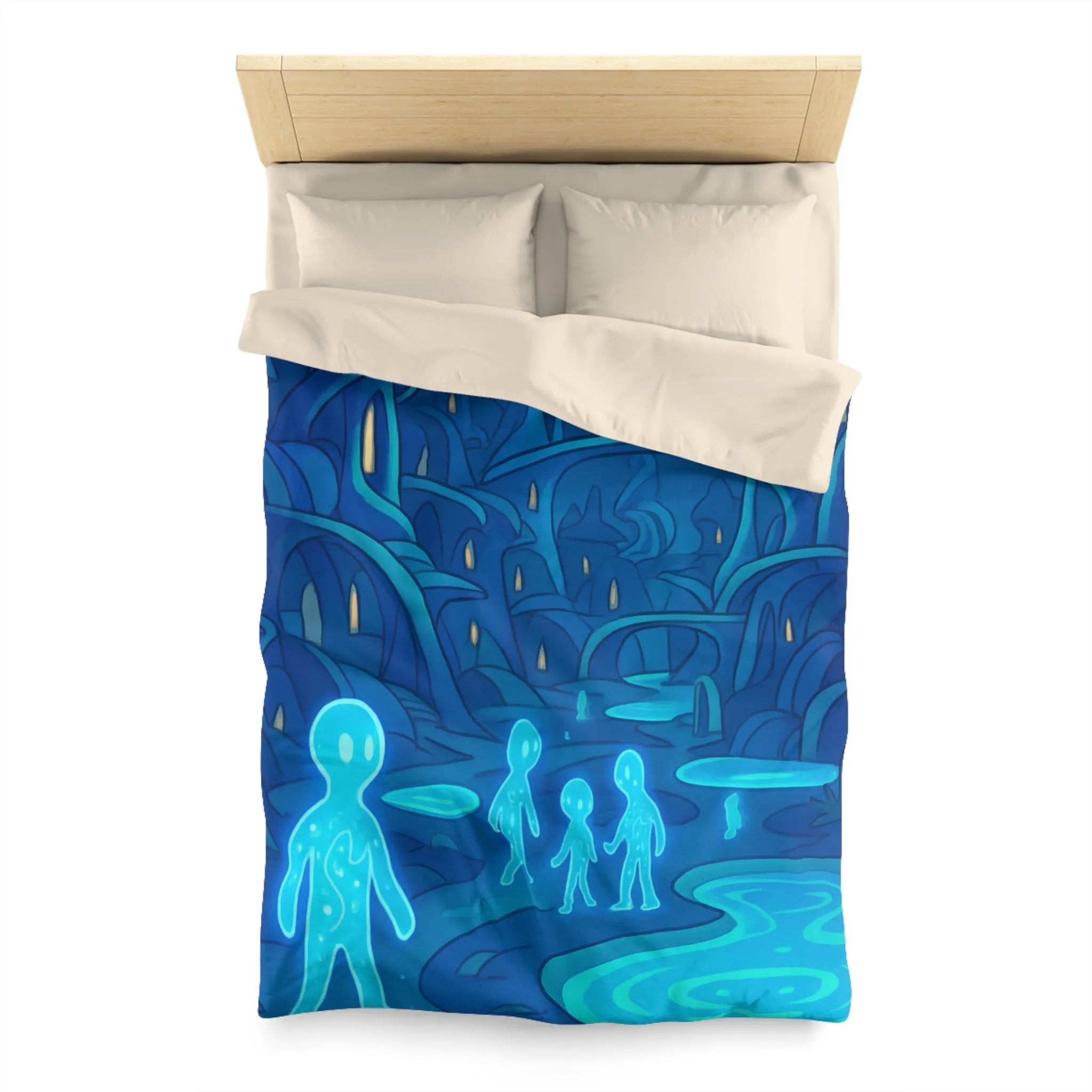 Housse de couette fantastique avec paysage extraterrestre, créatures lumineuses et lune mystique