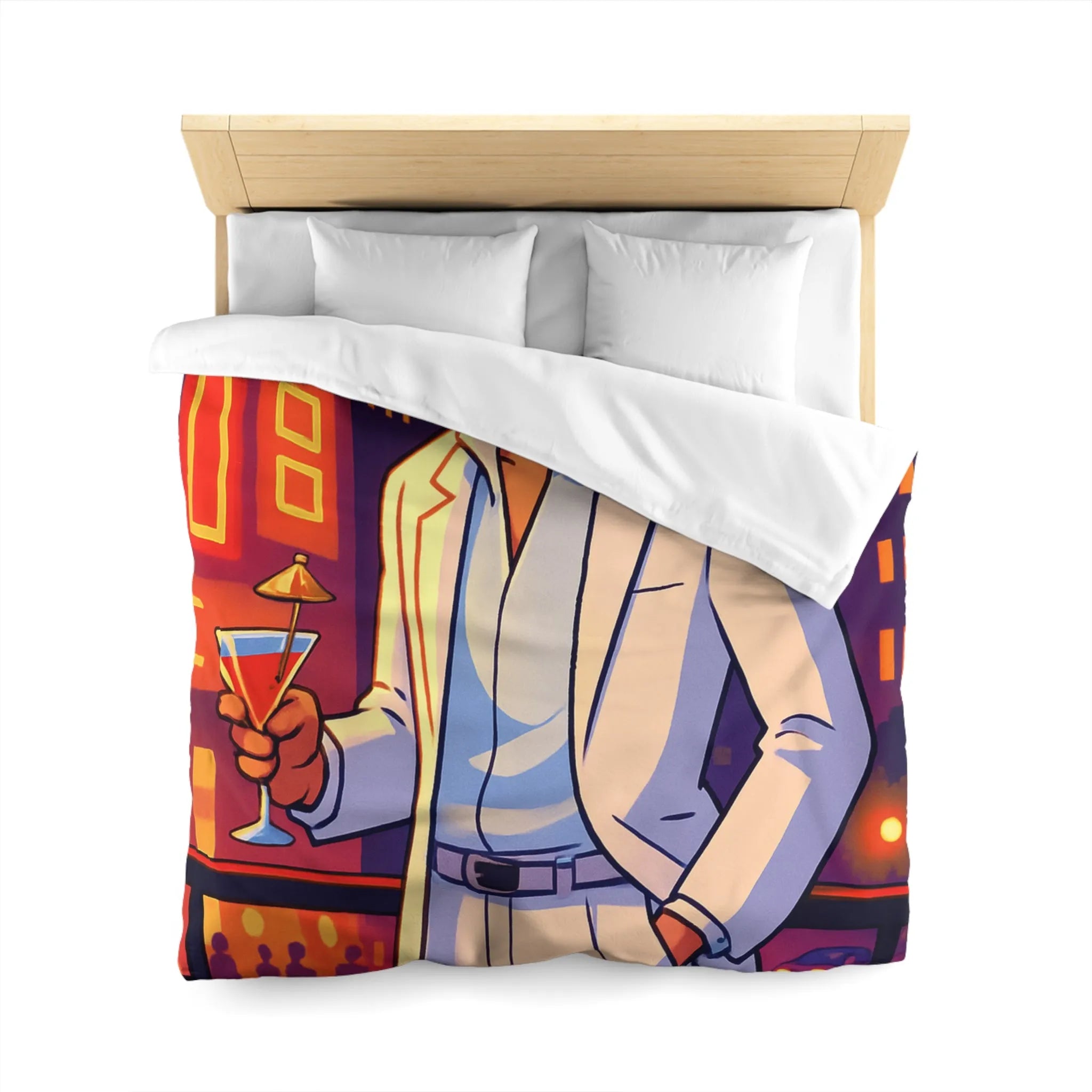 Housse de Couette Élégante avec Illustration Nocturne, Martini et Élégant Costume Blanc