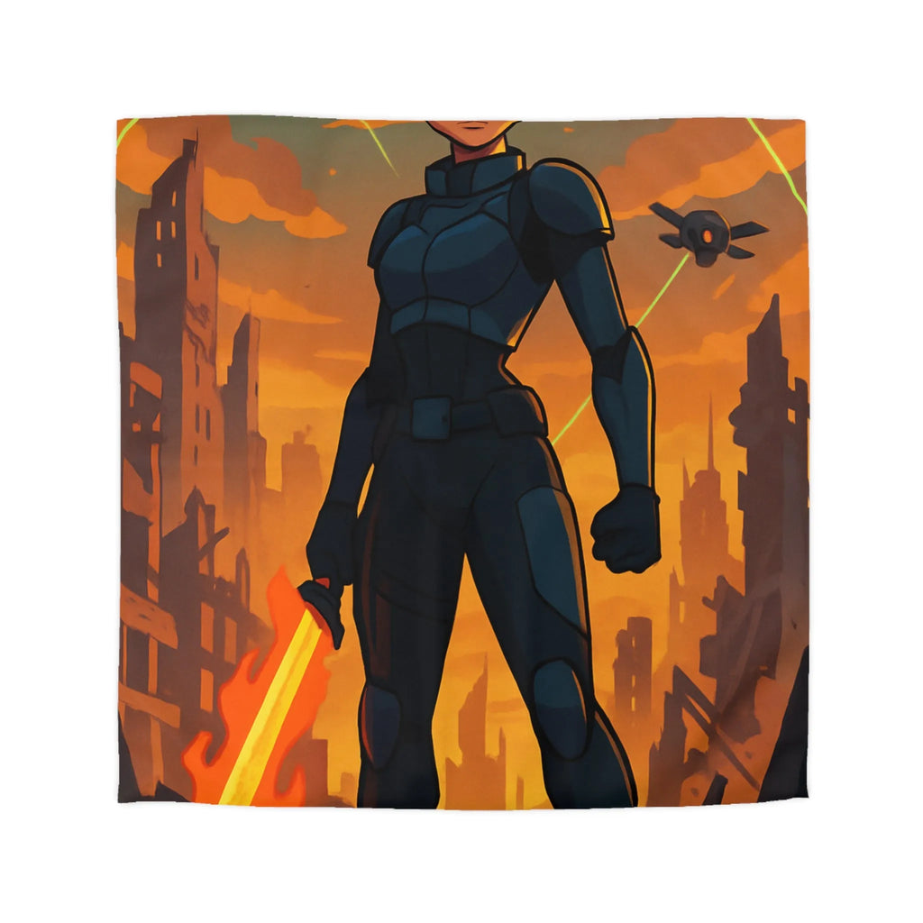 Housse de couette héroïque avec guerrier futuriste, drones volants et paysage apocalyptique