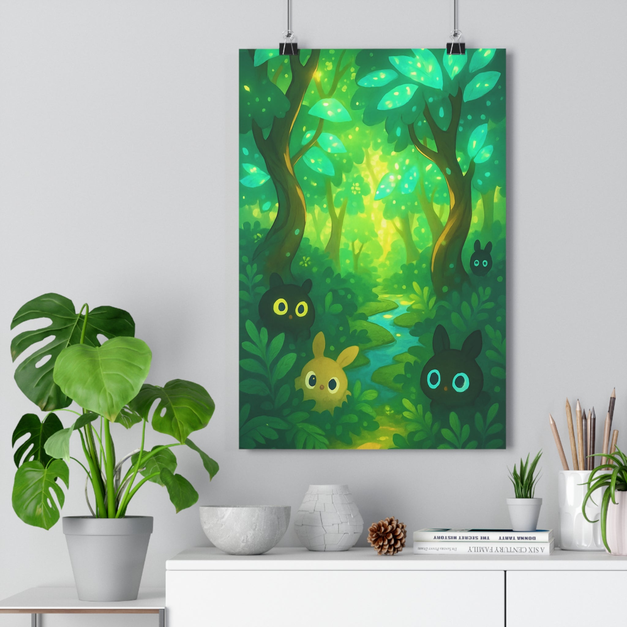 Poster décoratif cartoon forêt enchantée magique créatures colorées joyeux enfant nature illustration murale élégant