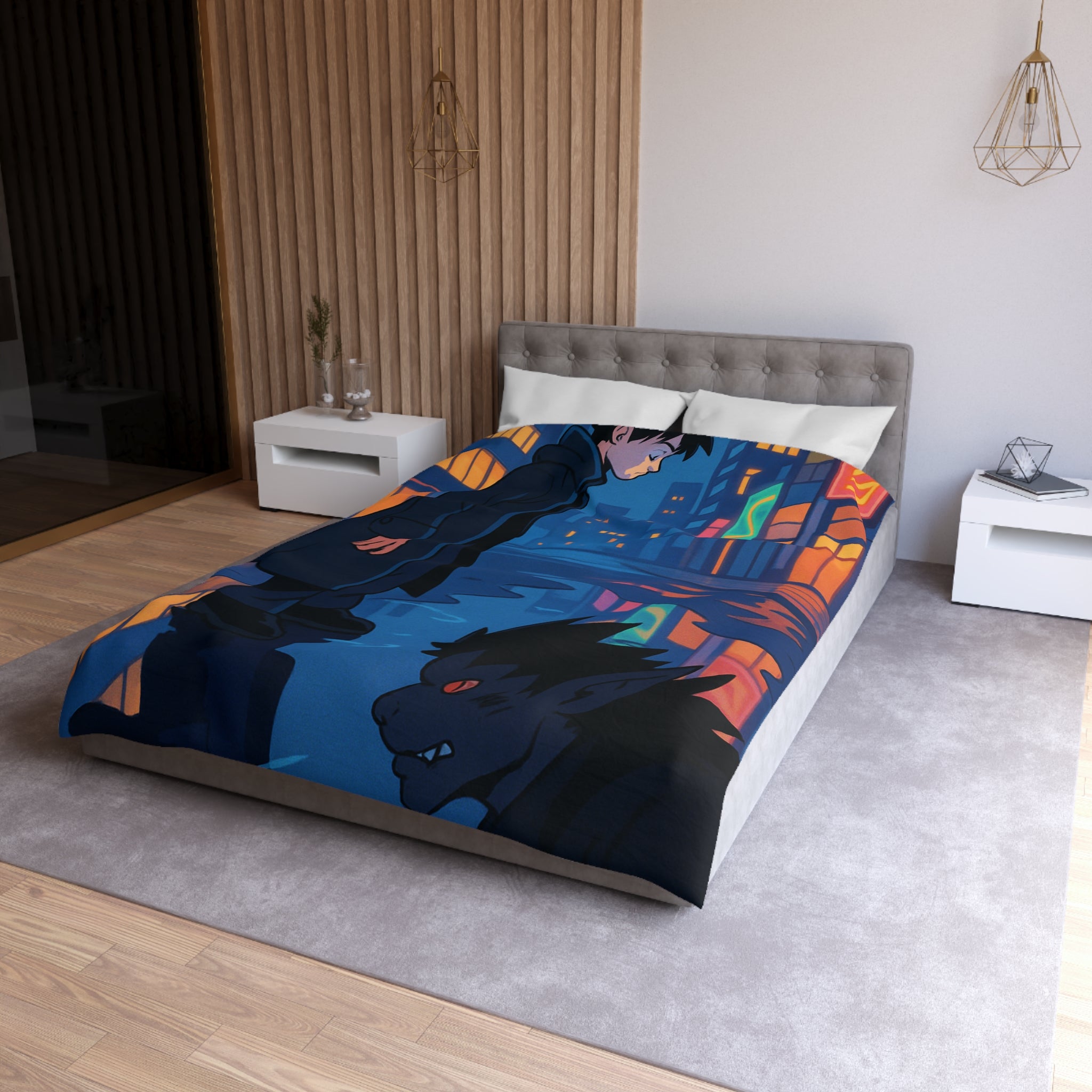 Housse de couette urbaine avec reflet mystérieux dans une rue animée la nuit