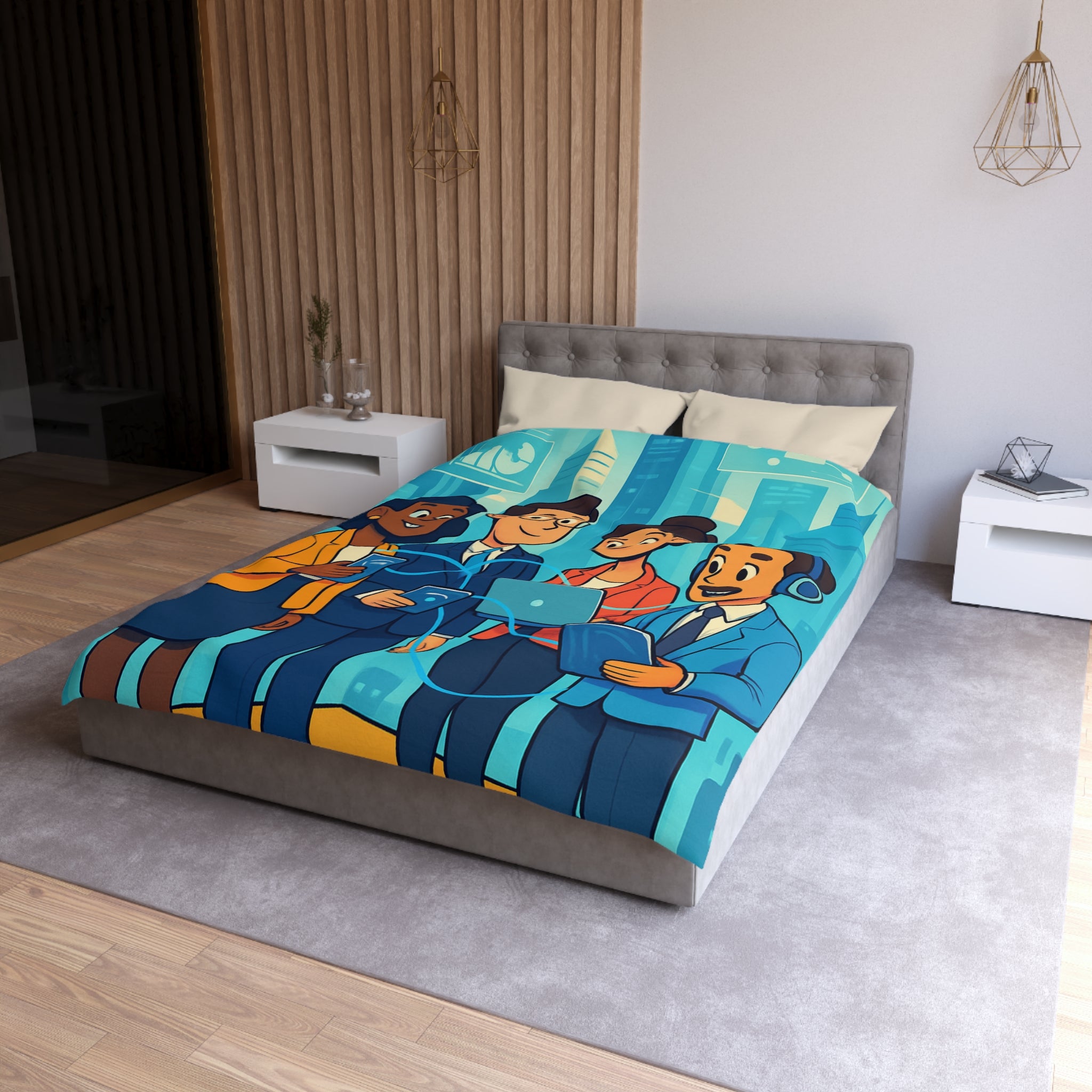 Housse de couette moderne illustrant équipe collaborative en milieu urbain technologique