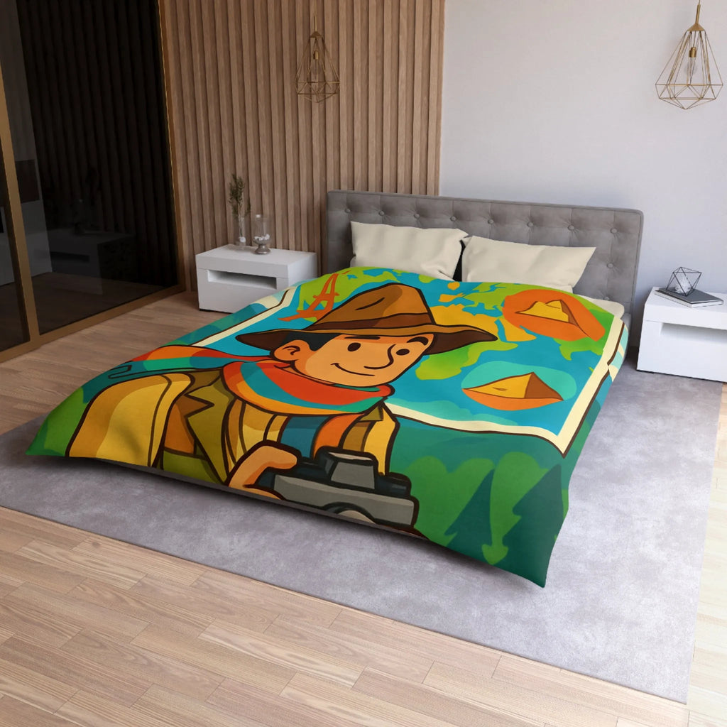 Housse de Couette Aventure Monde Carte Explorateur avec Illustrations Colorées et Éléments Culturels