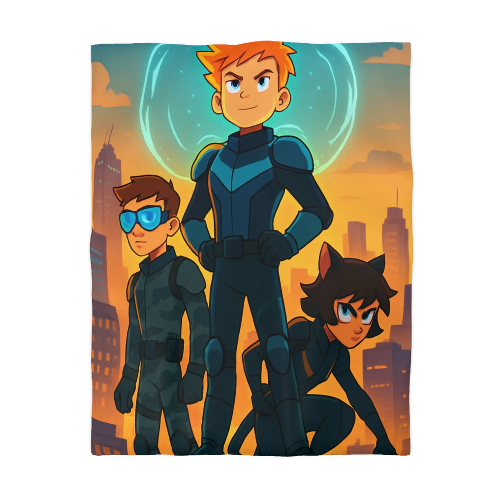 Ensemble d'aventure animé avec enfants héros sur fond urbain au crépuscule