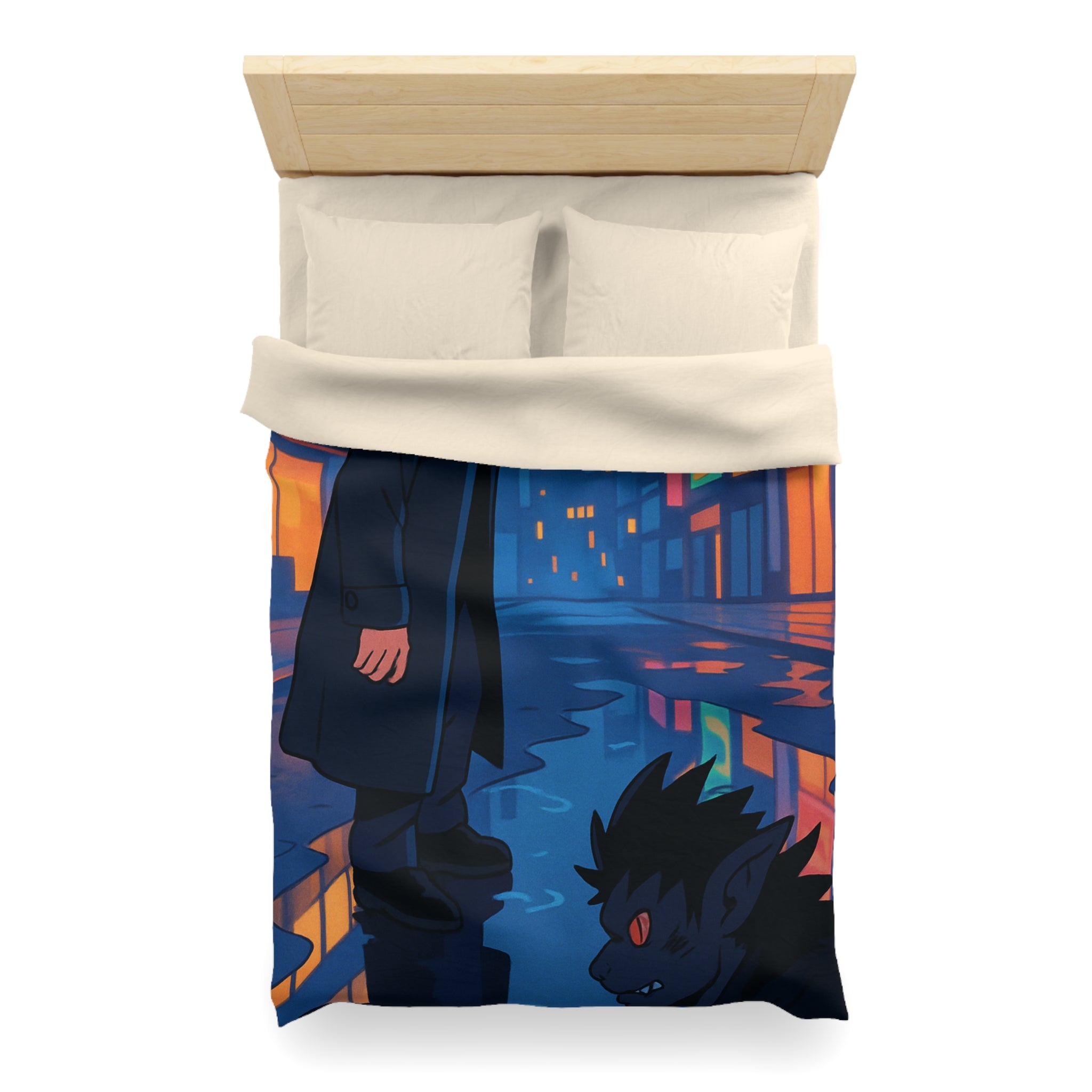 Housse de couette urbaine avec reflet mystérieux dans une rue animée la nuit