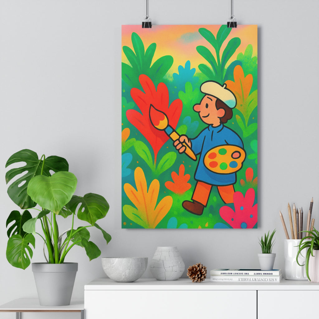 Poster décoratif jardin coloré rouge vert bleu cartoon joyeux enfant salon chambre vibrant design