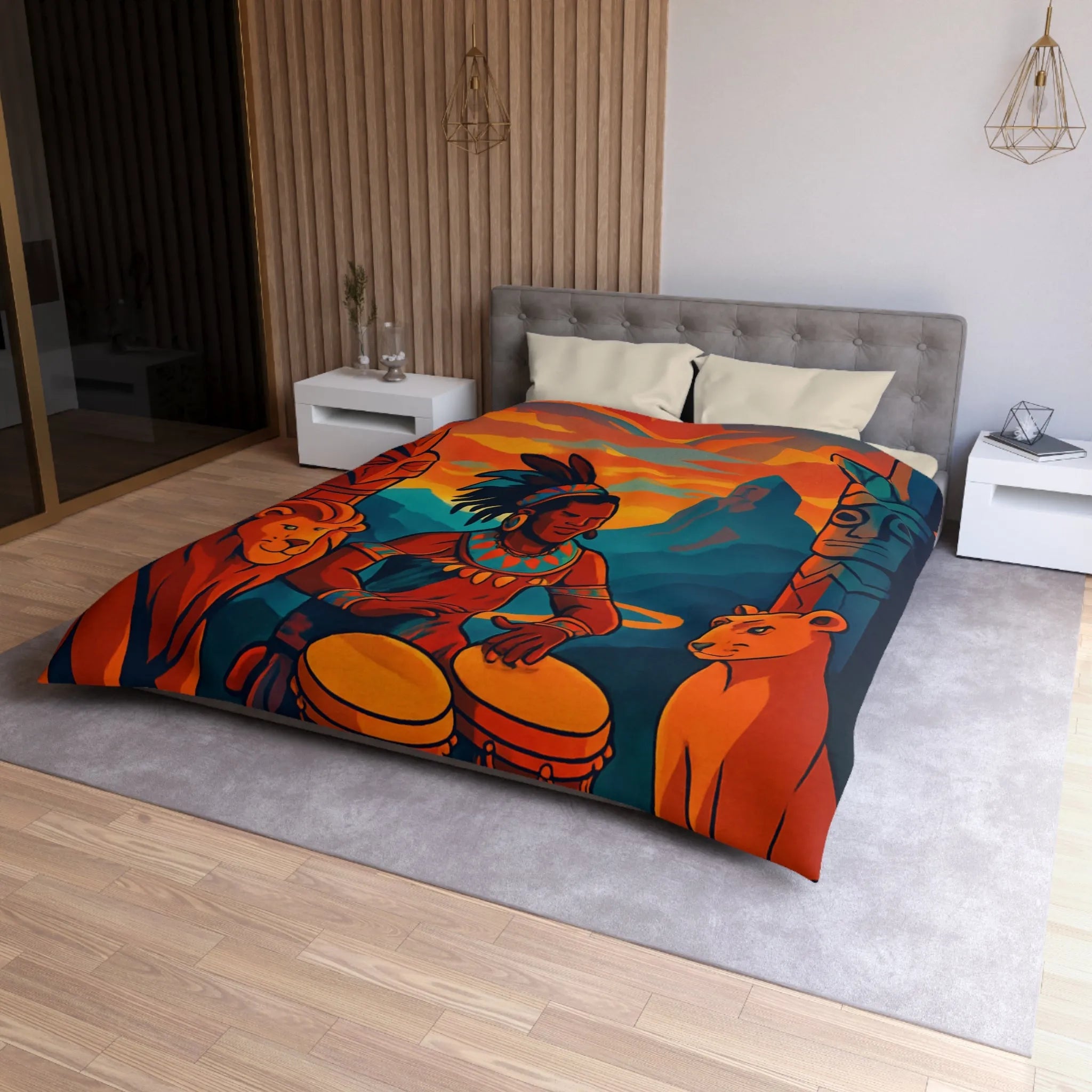 Housse de couette exotique avec musicien, tambours et totems en ambiance chaleureuse