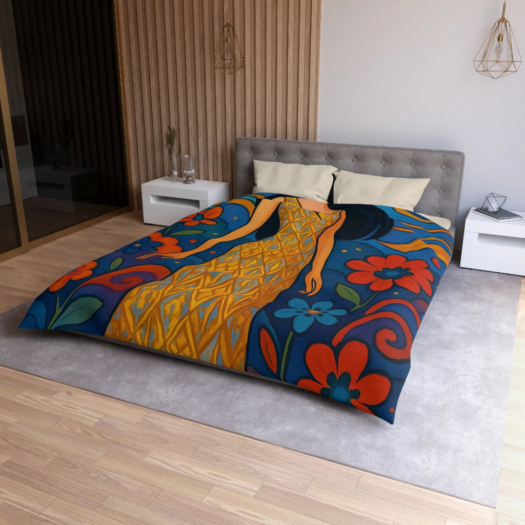 Housse de couette artistique avec motif floral vibrant et silhouette élégante féminine