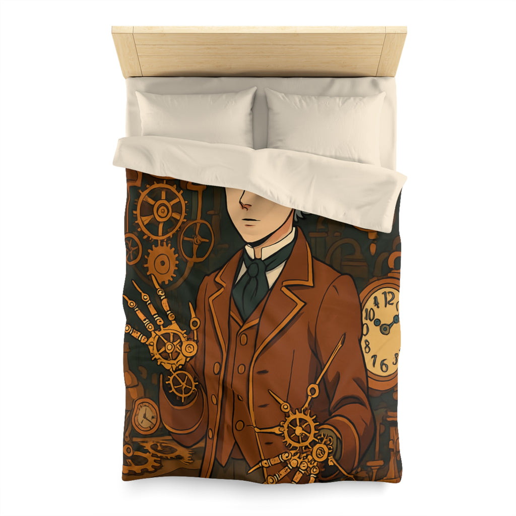 Housse de couette steampunk avec horloges et personnage stylé en tenue victorienne