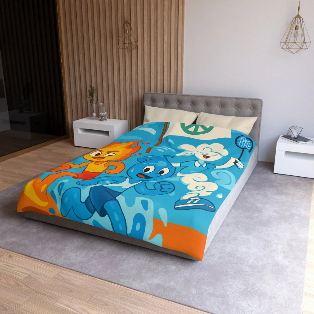 Housse de couette colorée avec motifs d’éléments sportifs et symbole de paix