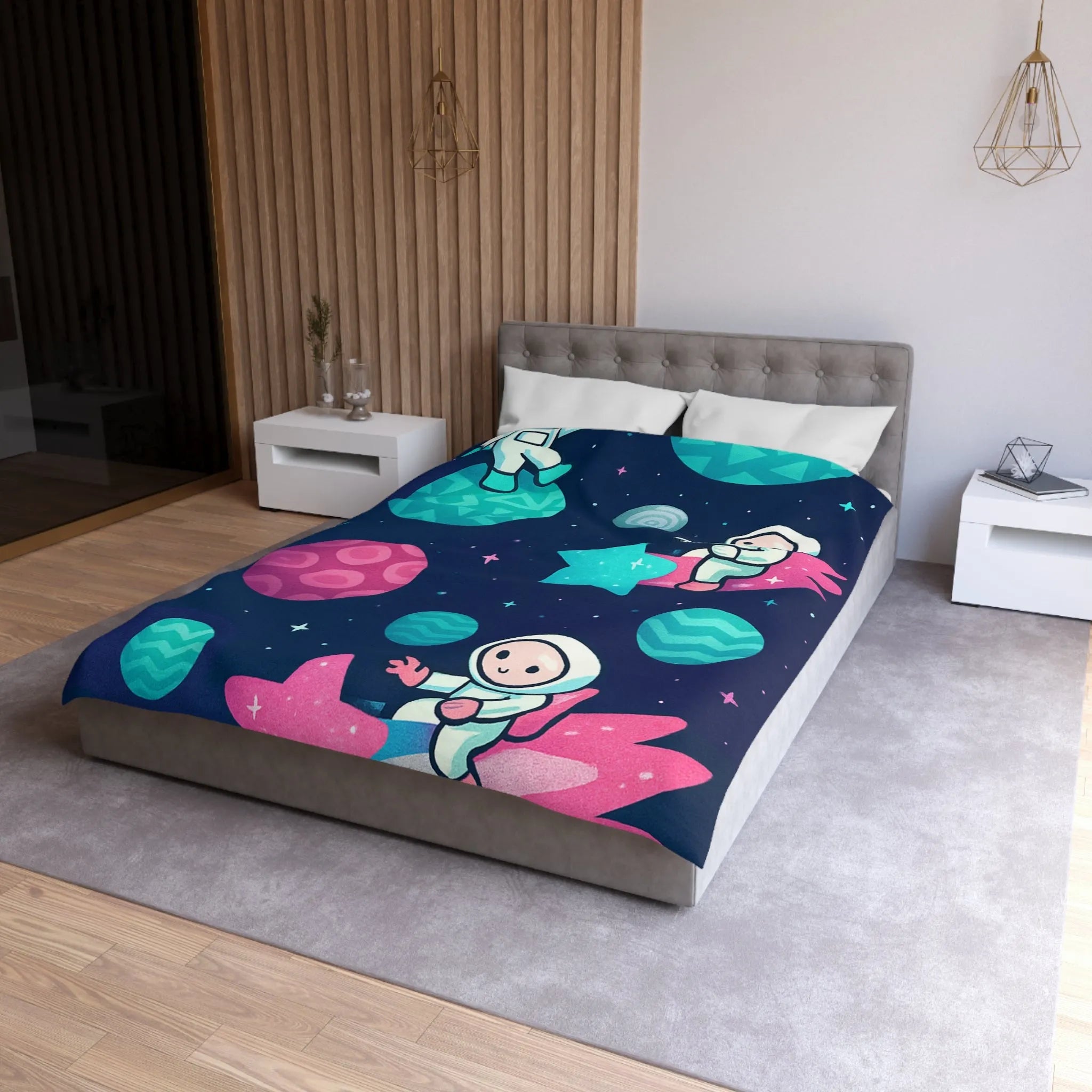 Explorez l'univers magique avec des astronautes joyeux sur fond stellaire pour enfants