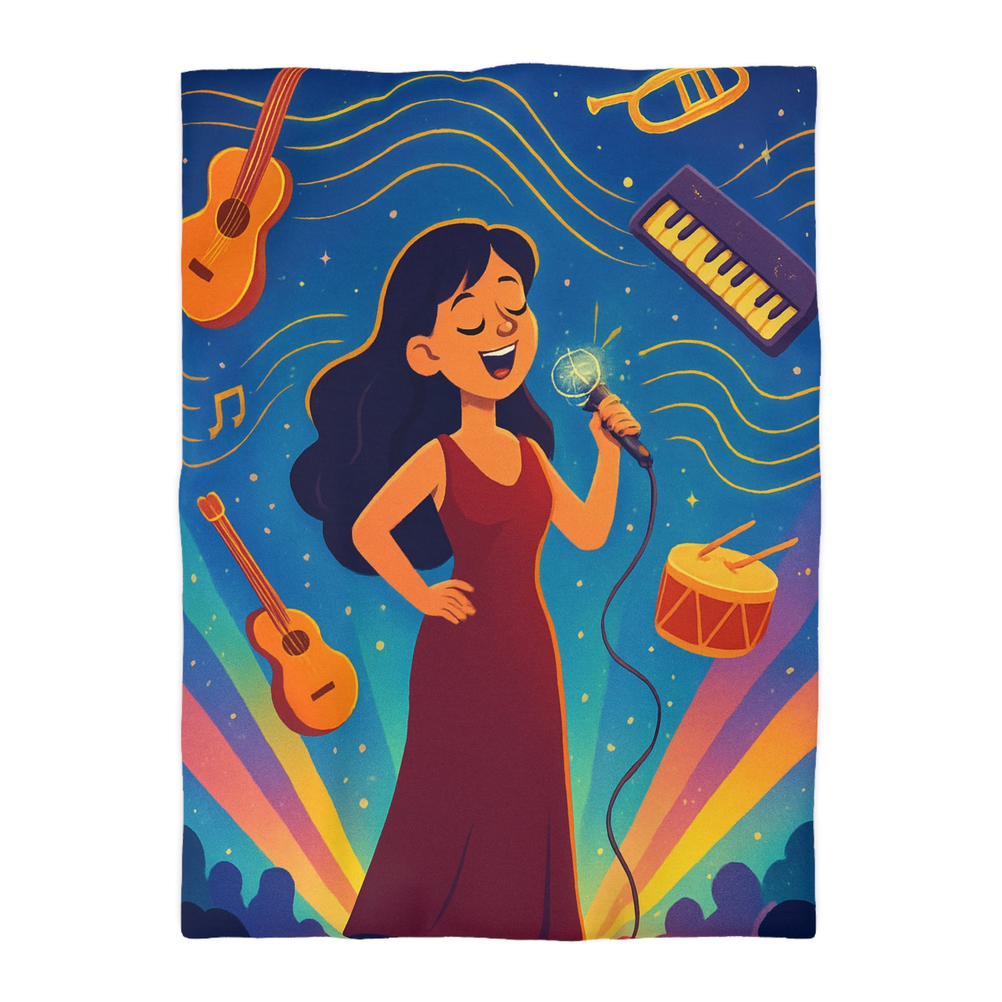 Housse de couette vibrante avec scène musicale, chanteuse et instruments illustrés colorés