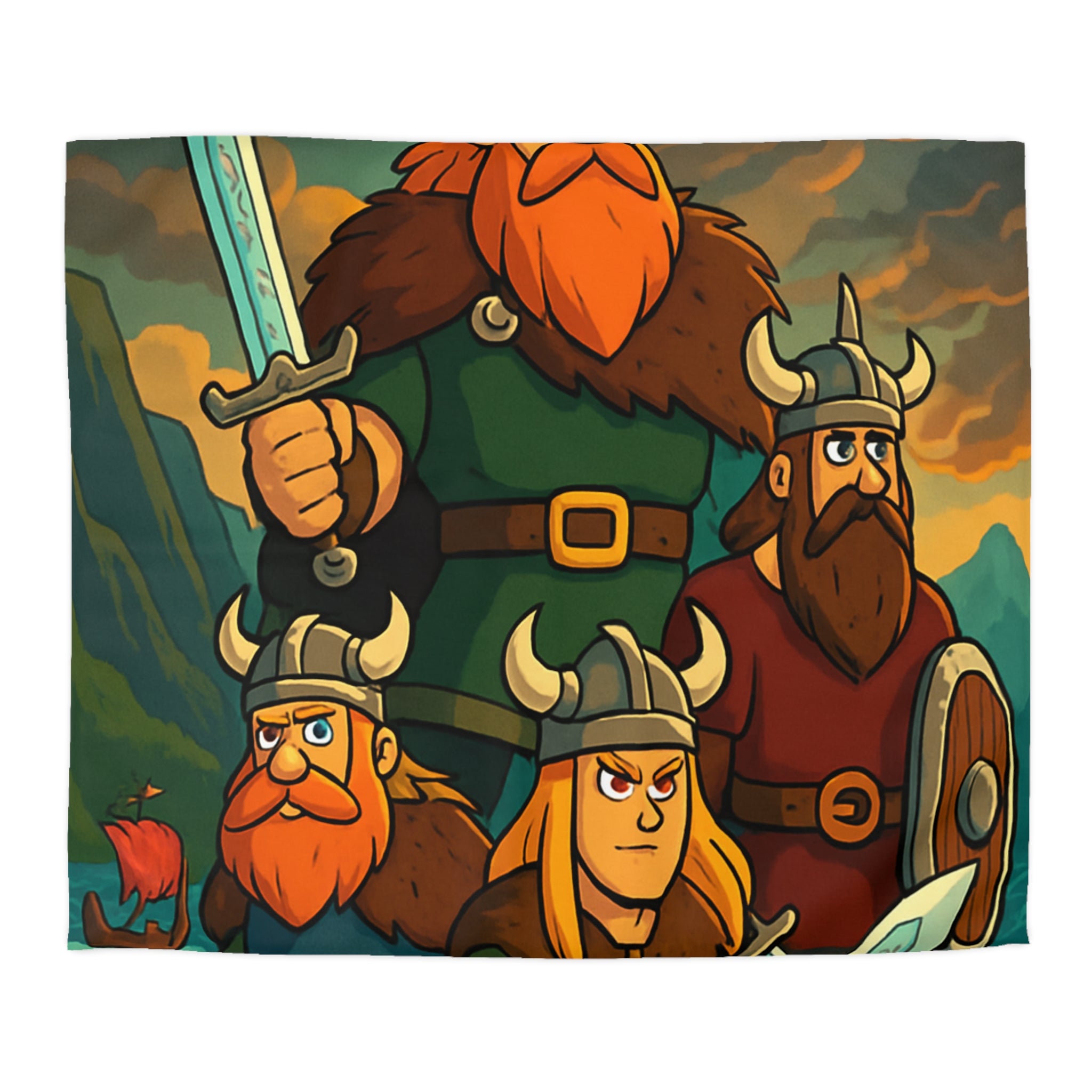 Housse de couette viking épique avec des guerriers et paysage dramatique