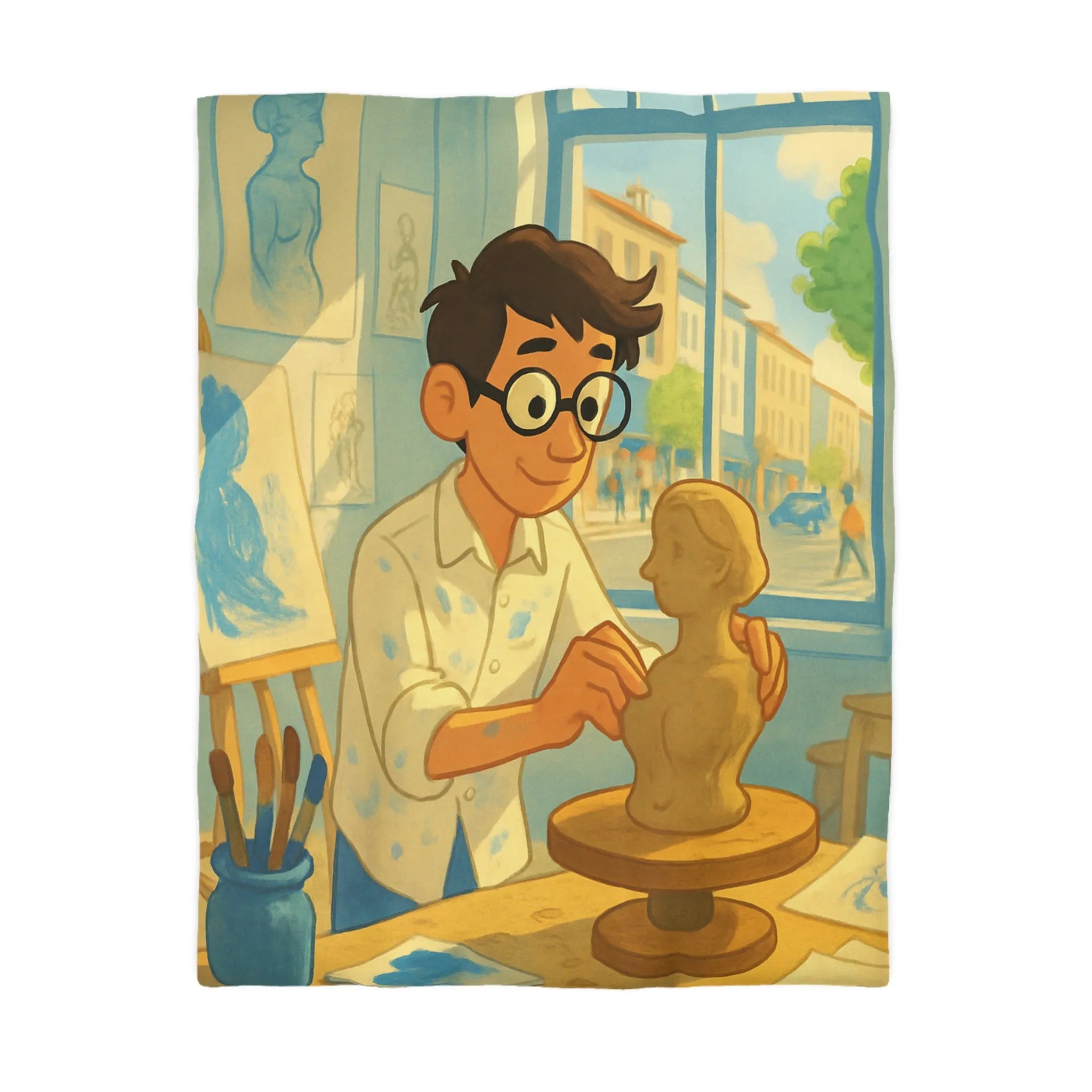 Housse de couette artistique avec design de studio de sculpture lumineusement coloré