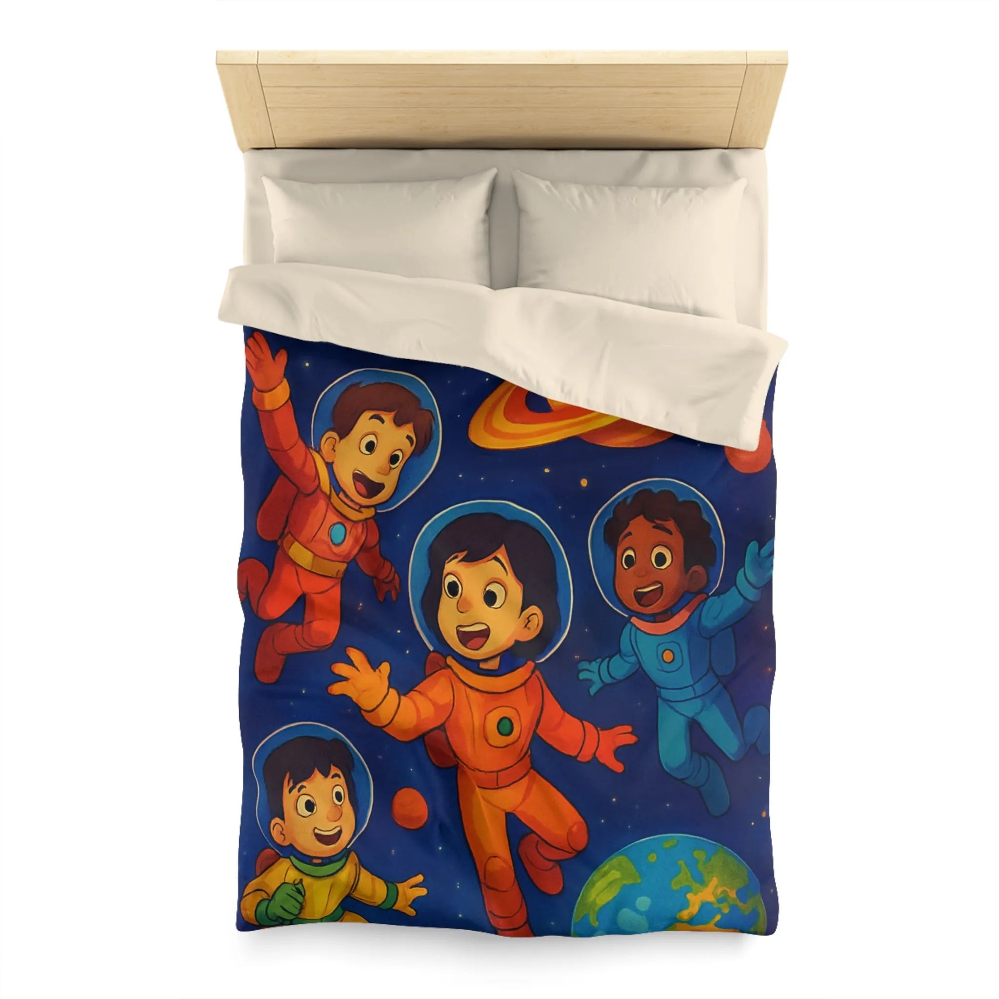 Housse de couette enfants avec astronautes joyeux flottant dans l'espace coloré et planètes
