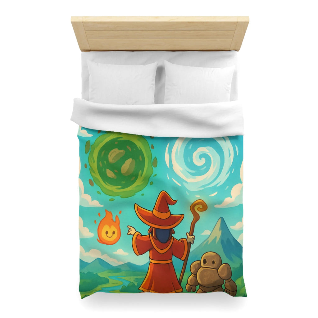 Housse de couette avec illustration magique de sorcier, élémentaires et paysage vibrant