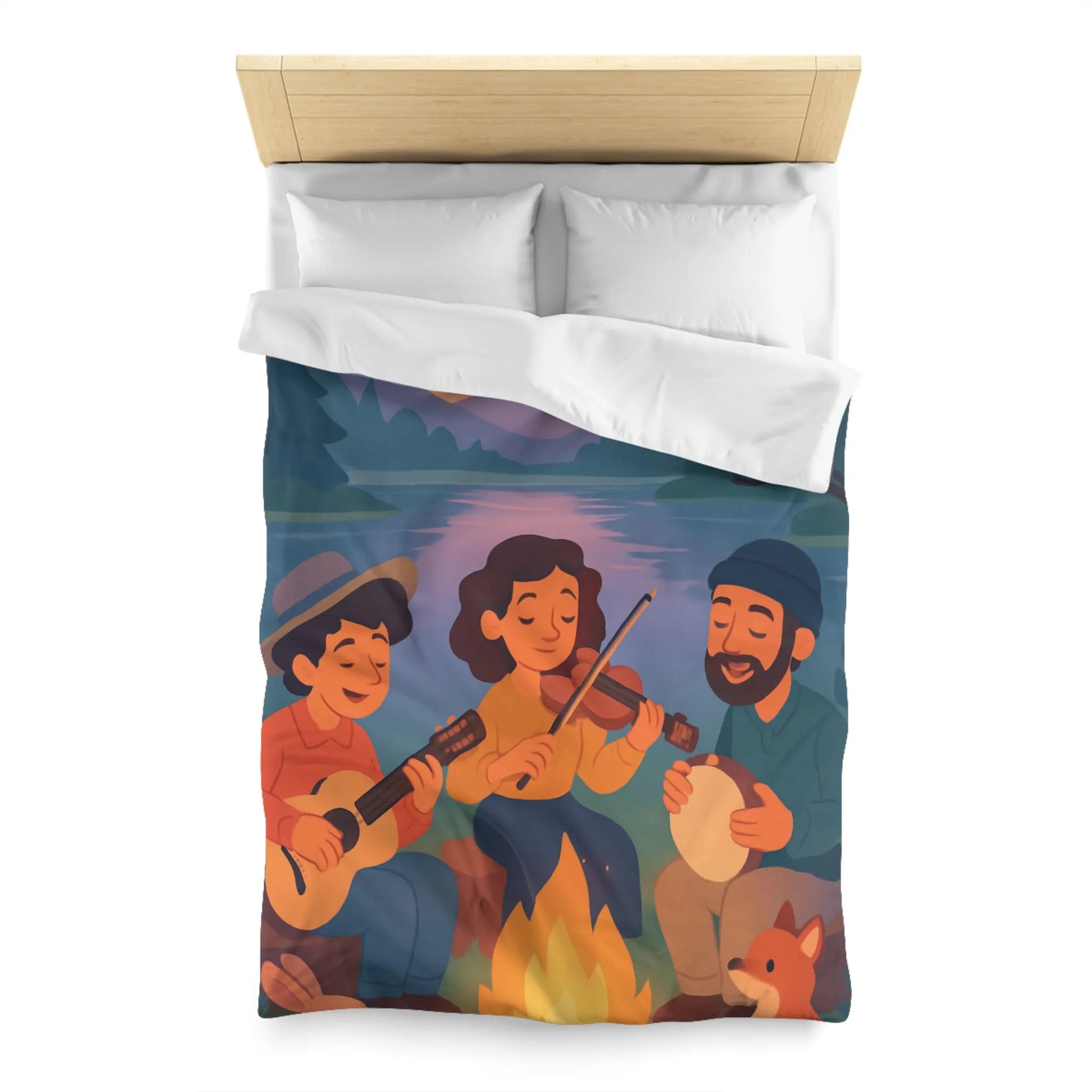 Housse de Couette avec Musiciens et Animaux Près du Feu de Camp au Crépuscule
