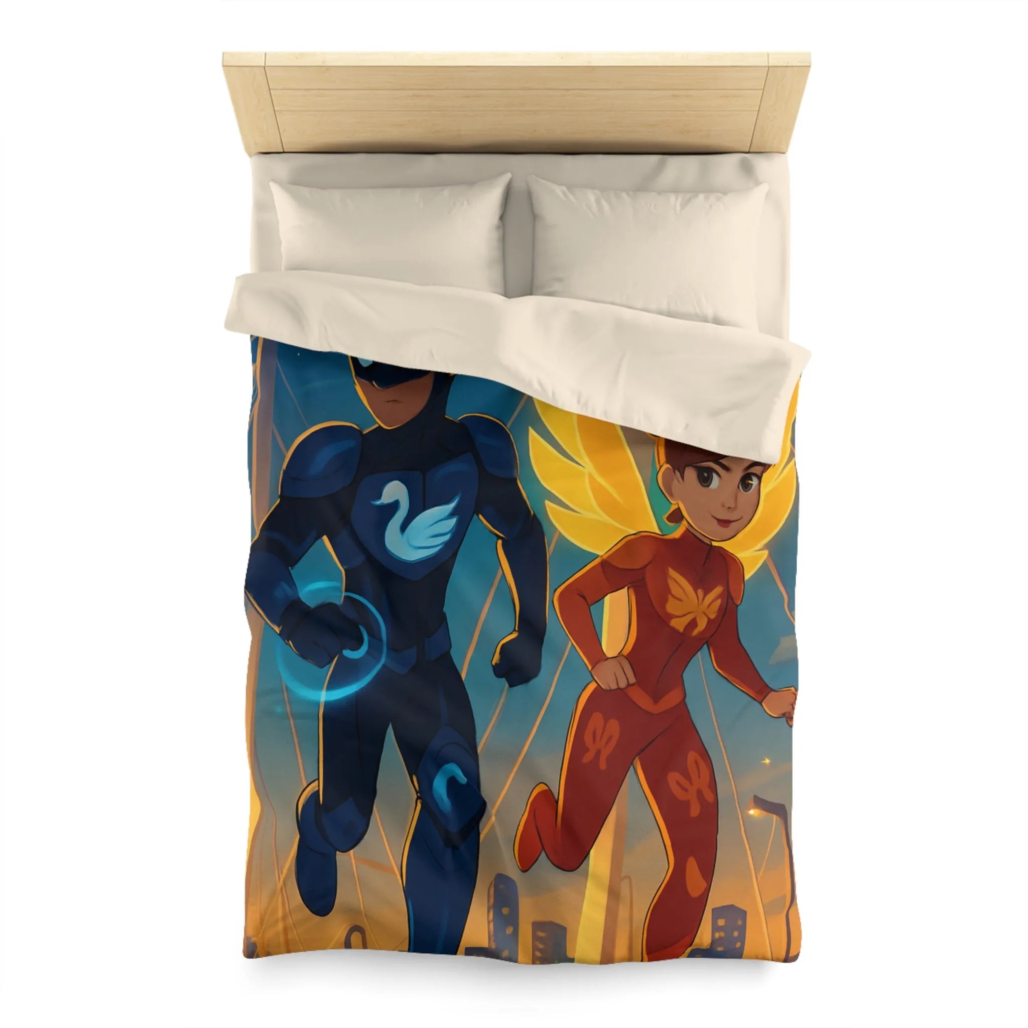 Housse de Couette Avec Héros Masqués et Ville au Crépuscule pour Chambre Enfant