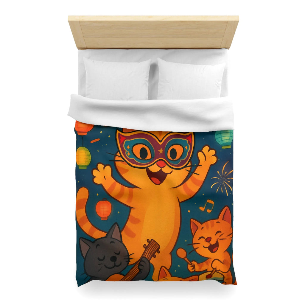 Housse de couette festive avec chats joyeux, feux d'artifice et lanternes colorées