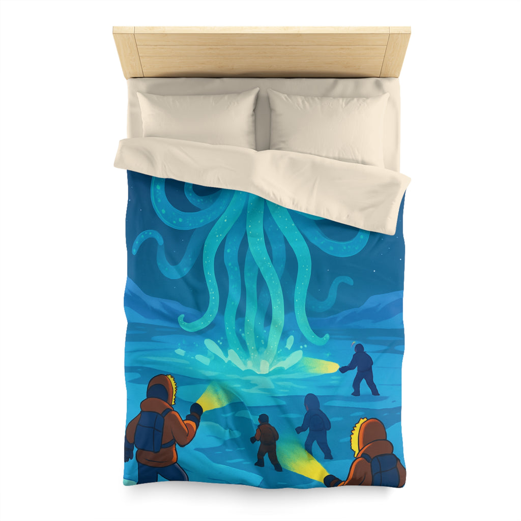 Nuit polaire avec pieuvre géante luminescente sous ciel étoilé et aventuriers en doudoune