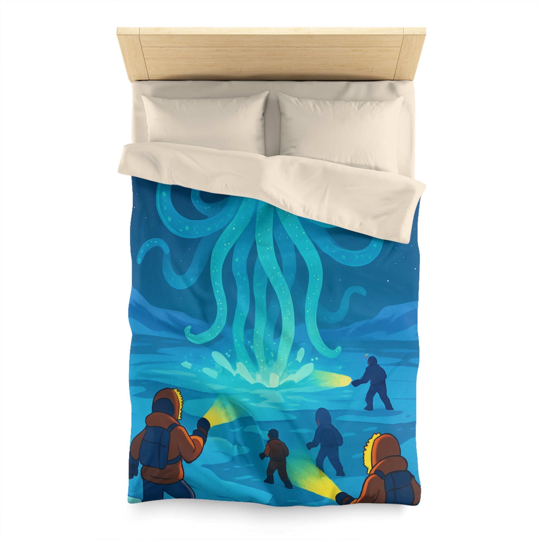 Nuit polaire avec pieuvre géante luminescente sous ciel étoilé et aventuriers en doudoune