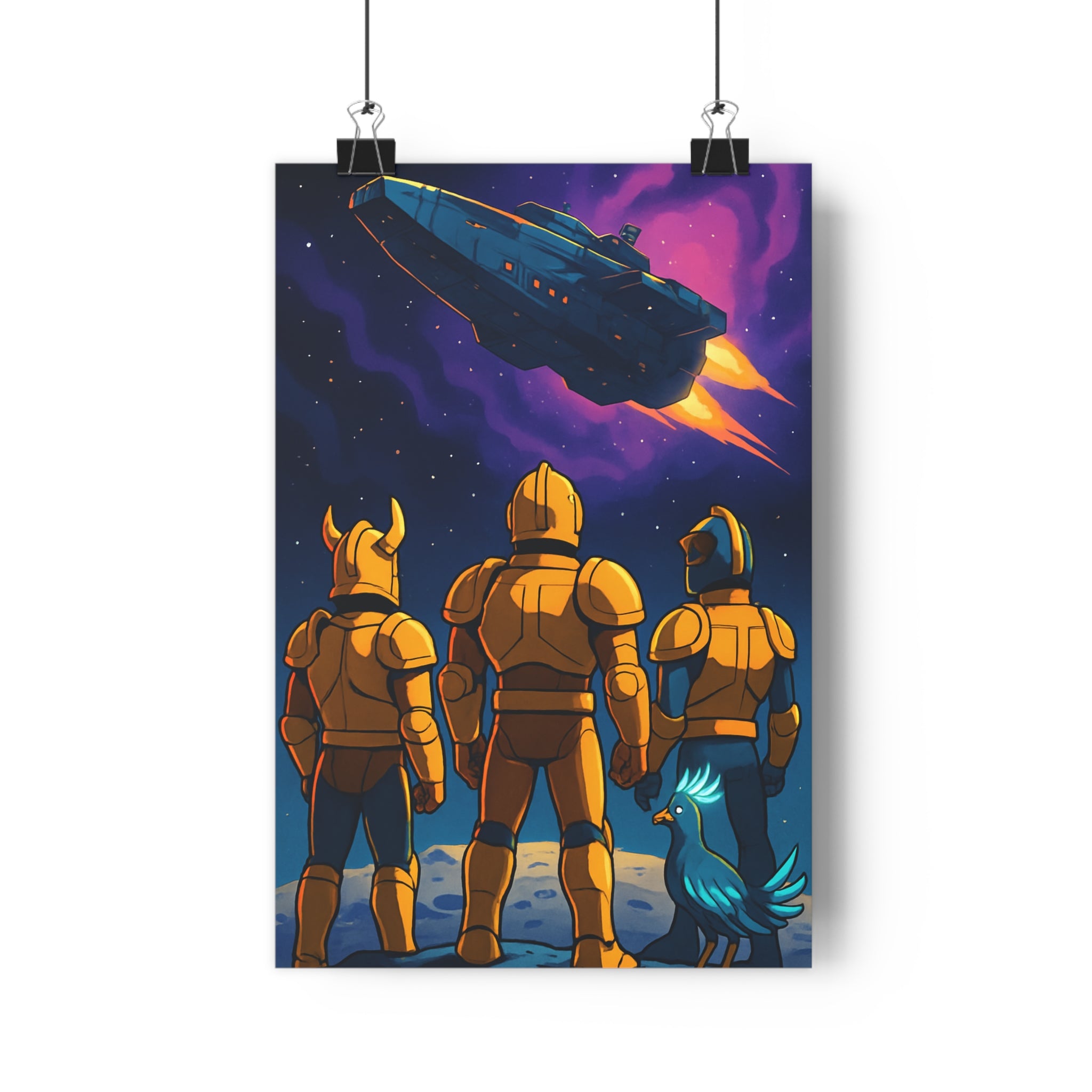 Poster décoratif armure futuriste oiseau bleu lumineux cartoon cosmique pastel chambre espace 30x46 cm