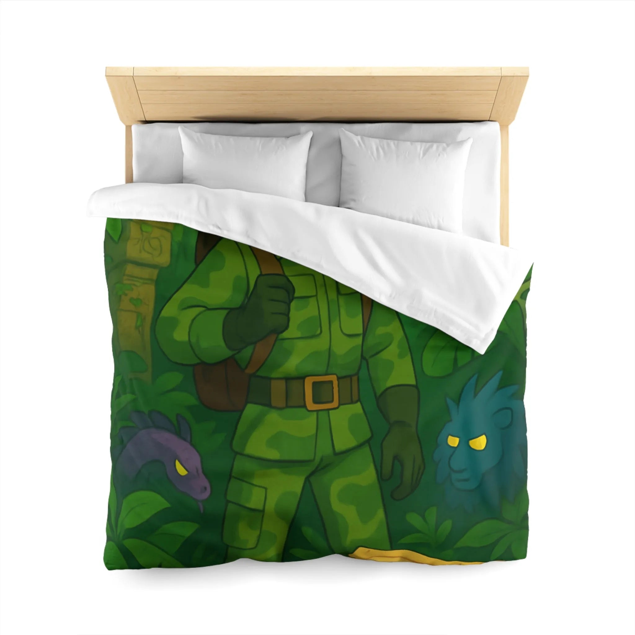 Housse de couette avec explorateur aventurier parmi créatures fantastiques et forêt luxuriante