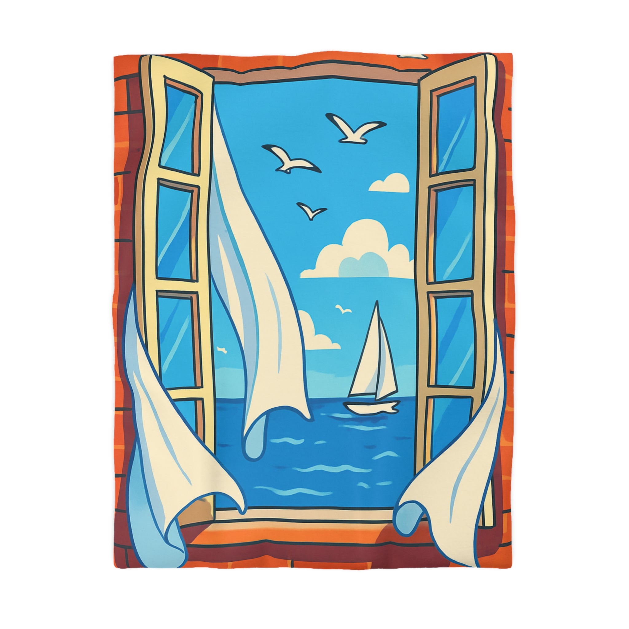 Housse de couette paysage marin fenêtre ouverte, voilier et ciel bleu serein