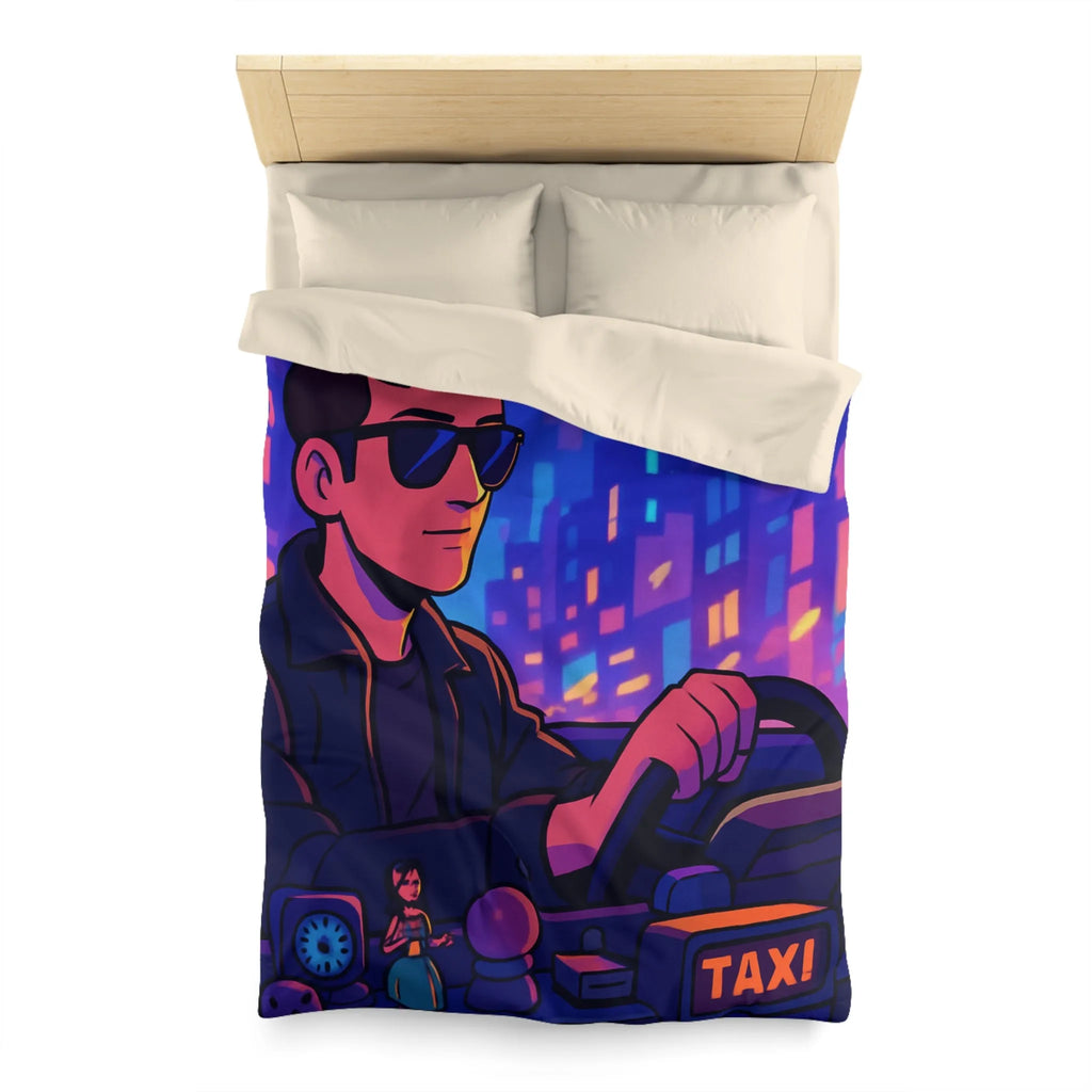 Housse de couette avec illustration rétro taxi urbain style néon pour chambre moderne