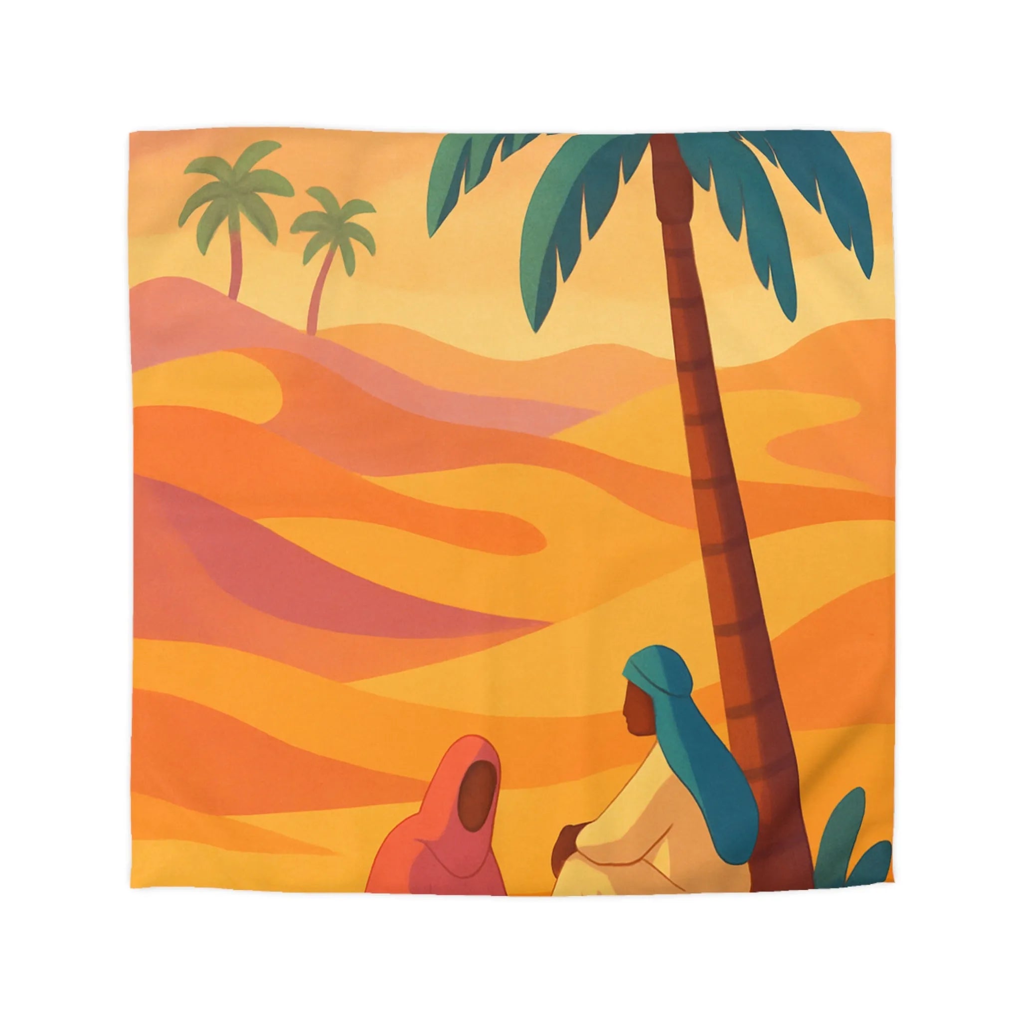 Housse de couette aux nuances désertiques avec palmiers et silhouettes sereines, style apaisant