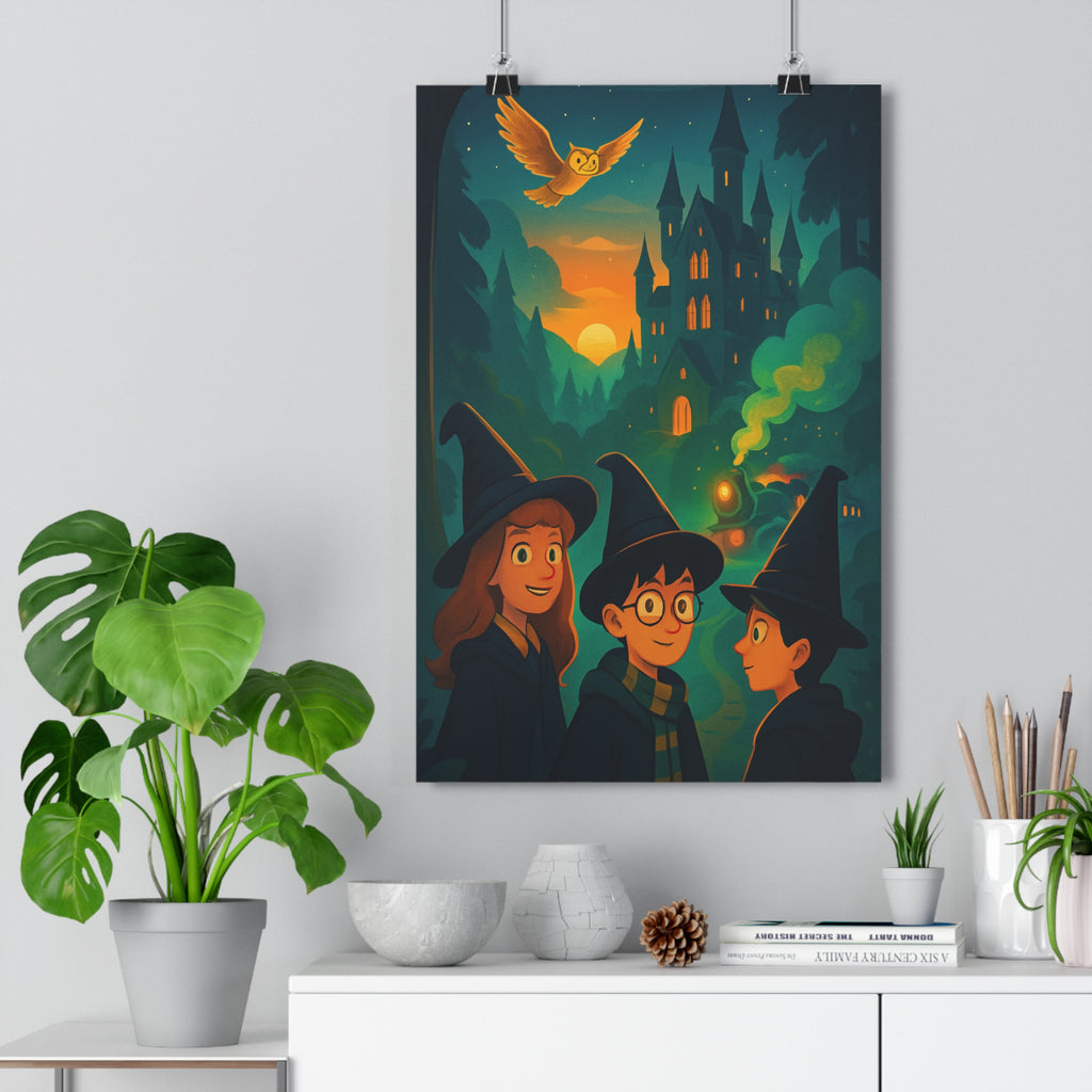 Poster décoratif magique sorcier château lune hibou enchanté cartoon couleurs vives chambre 30x46 cm
