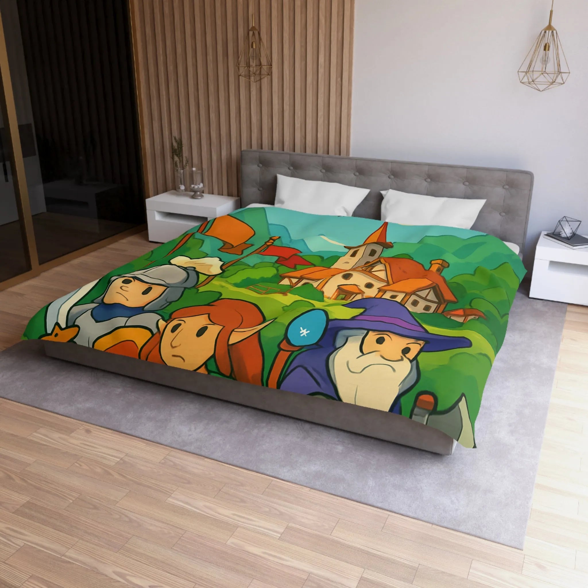 Housse de couette aventure médiévale avec dragons, chevalier, elfe, sorcier et troll