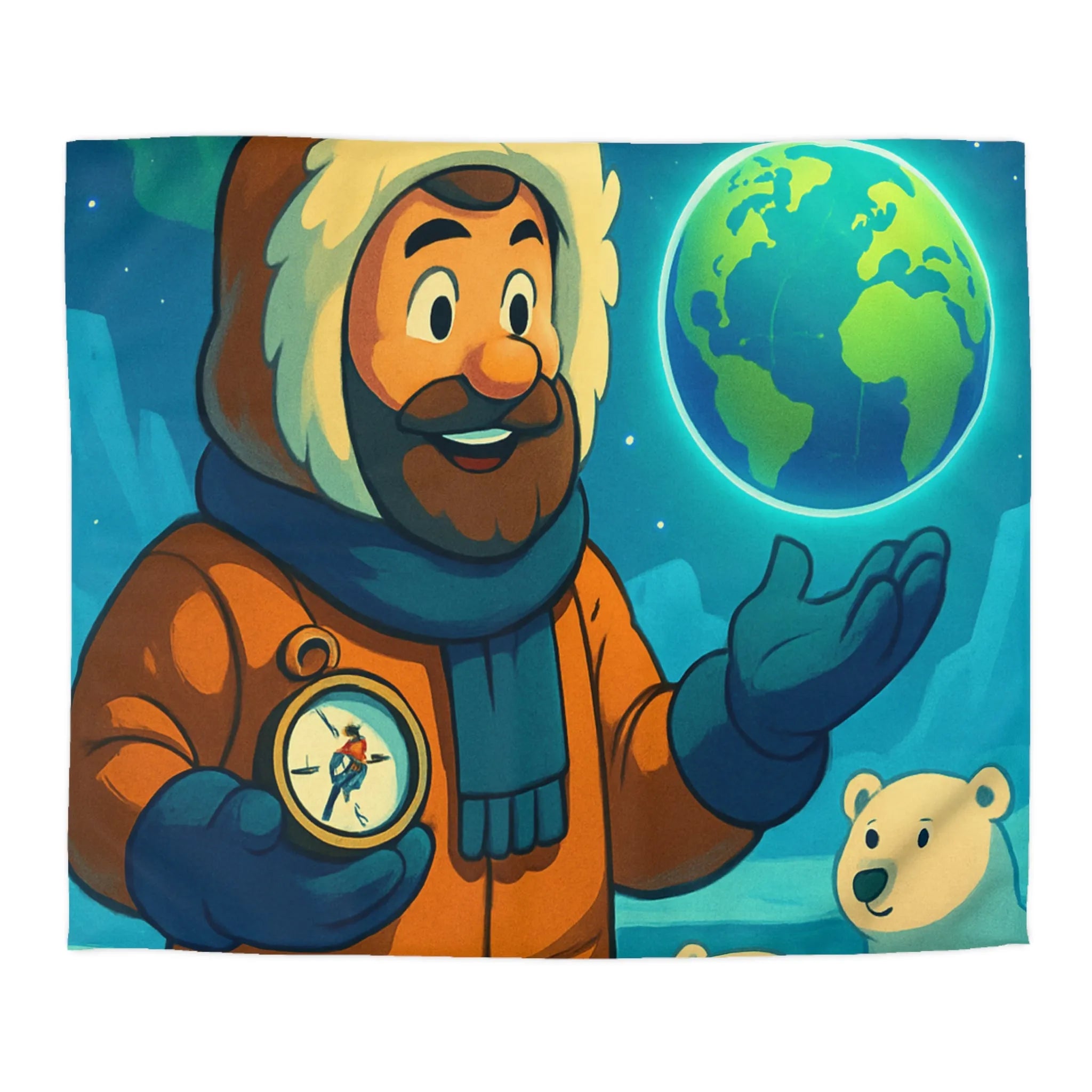 Housse de couette colorée avec explorateur polaire, aurore boréale, globe et animaux arctiques