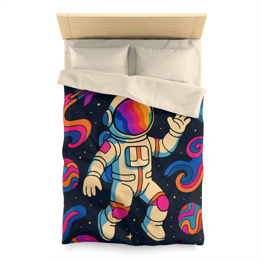 Housse de Couette Astronaute Psychédélique dans l’Espace avec Planètes Colorées et Fusées